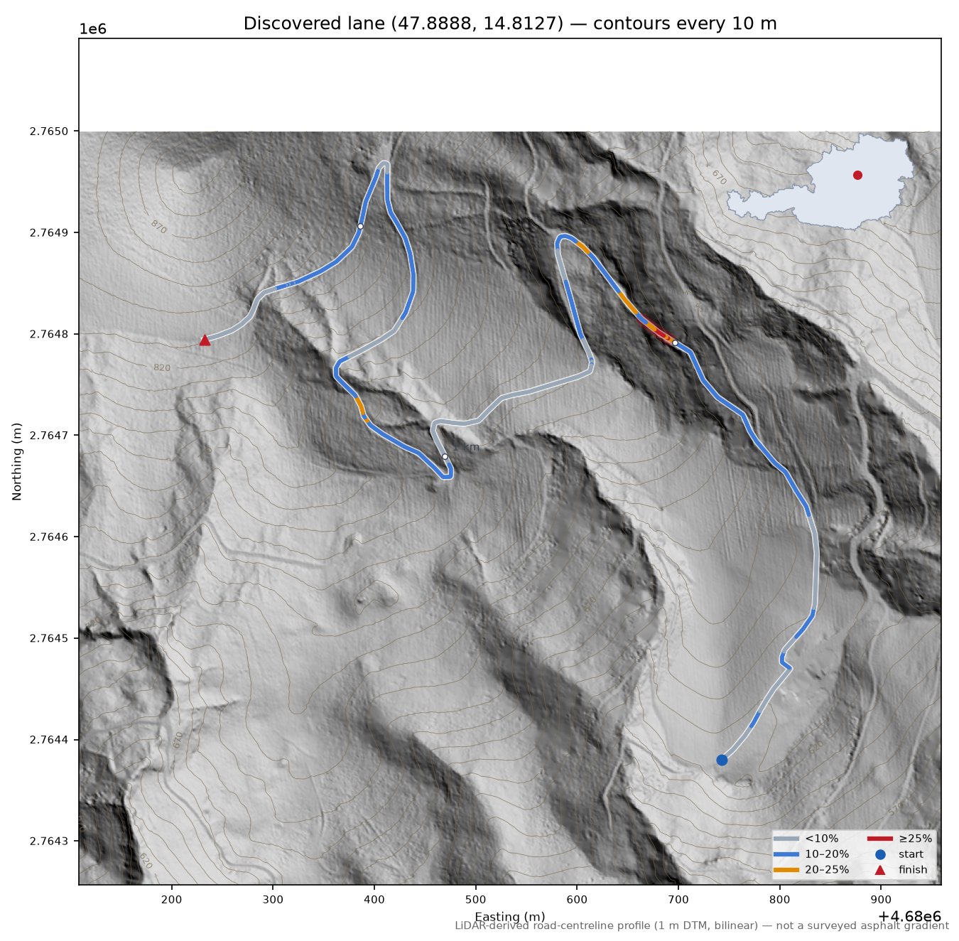 Discovered lane (47.8888, 14.8127) LiDAR hillshade map with contours
