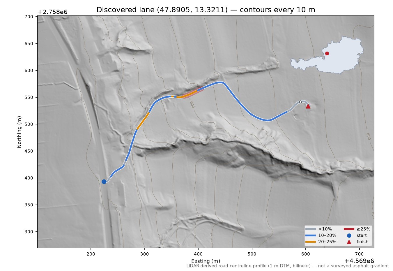 Discovered lane (47.8905, 13.3211) LiDAR hillshade map with contours