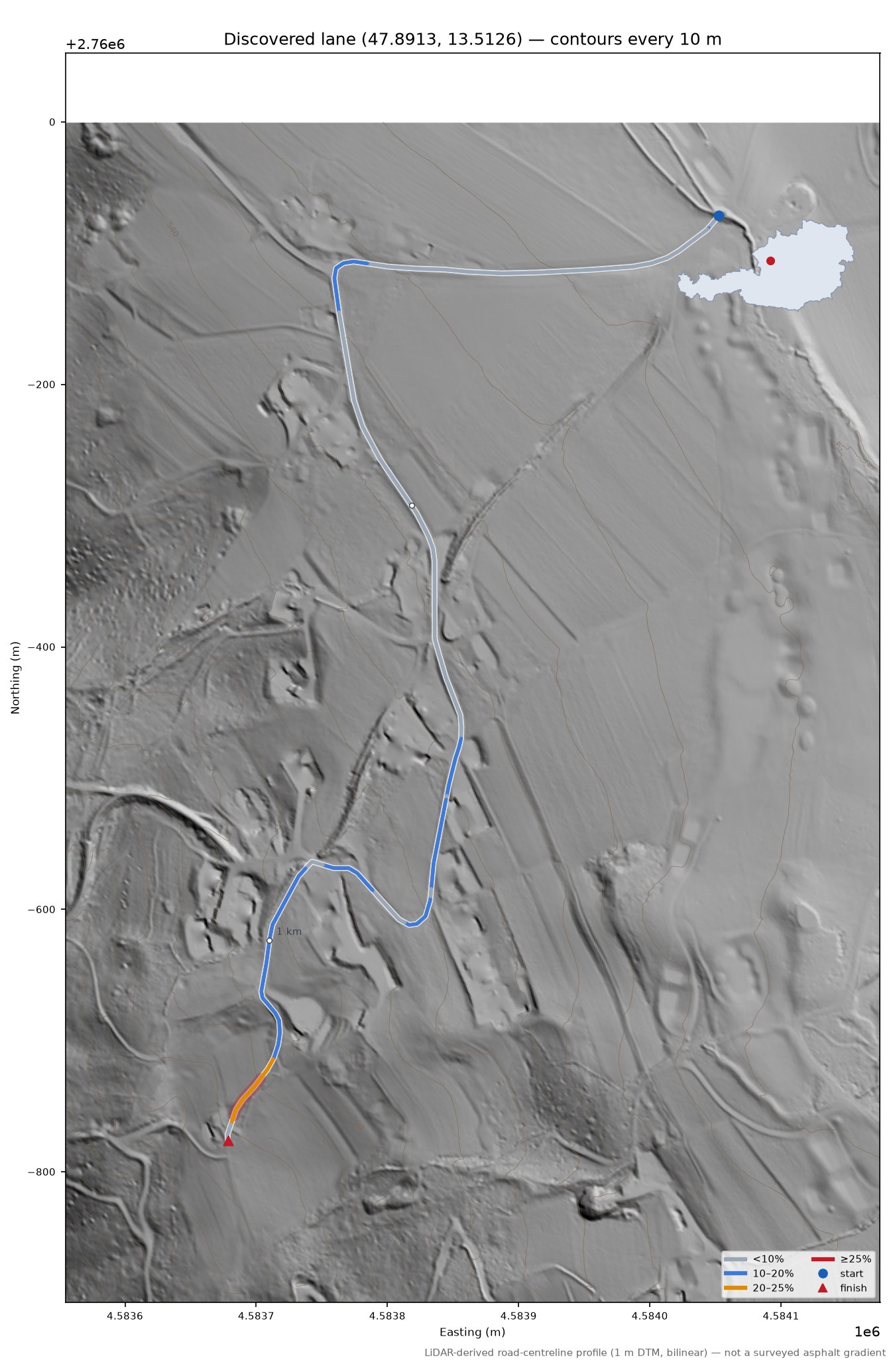 Discovered lane (47.8913, 13.5126) LiDAR hillshade map with contours