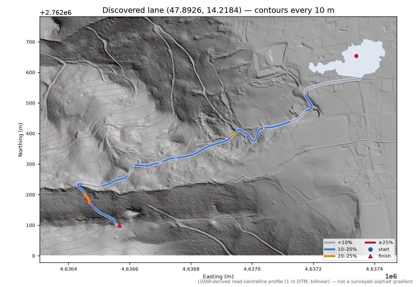 Discovered lane (47.8926, 14.2184) LiDAR hillshade map with contours