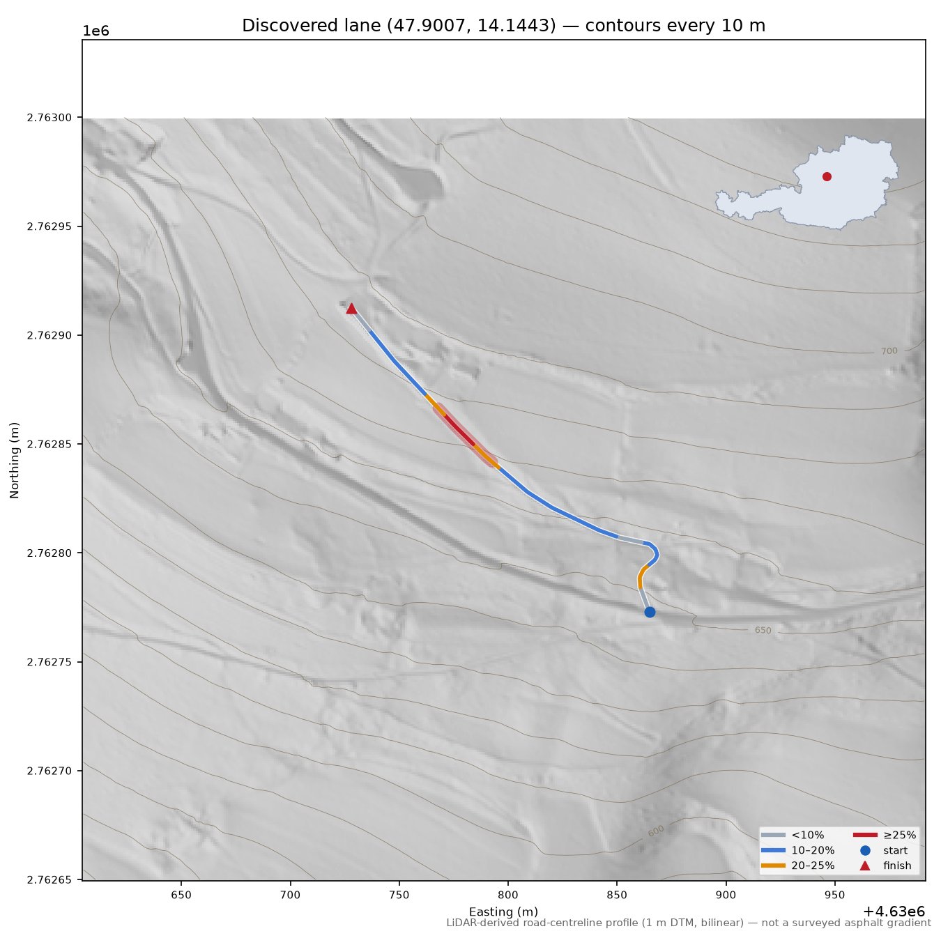 Discovered lane (47.9007, 14.1443) LiDAR hillshade map with contours
