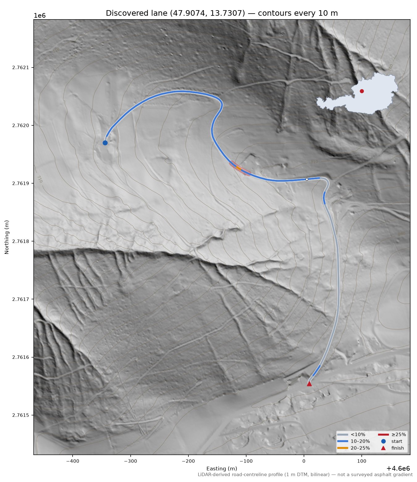 Discovered lane (47.9074, 13.7307) LiDAR hillshade map with contours