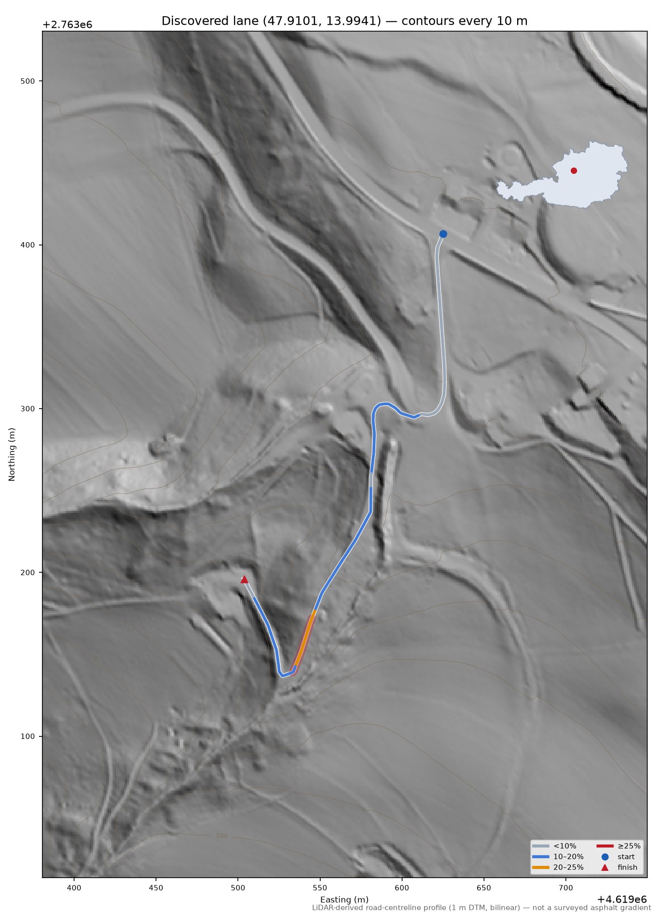 Discovered lane (47.9101, 13.9941) LiDAR hillshade map with contours