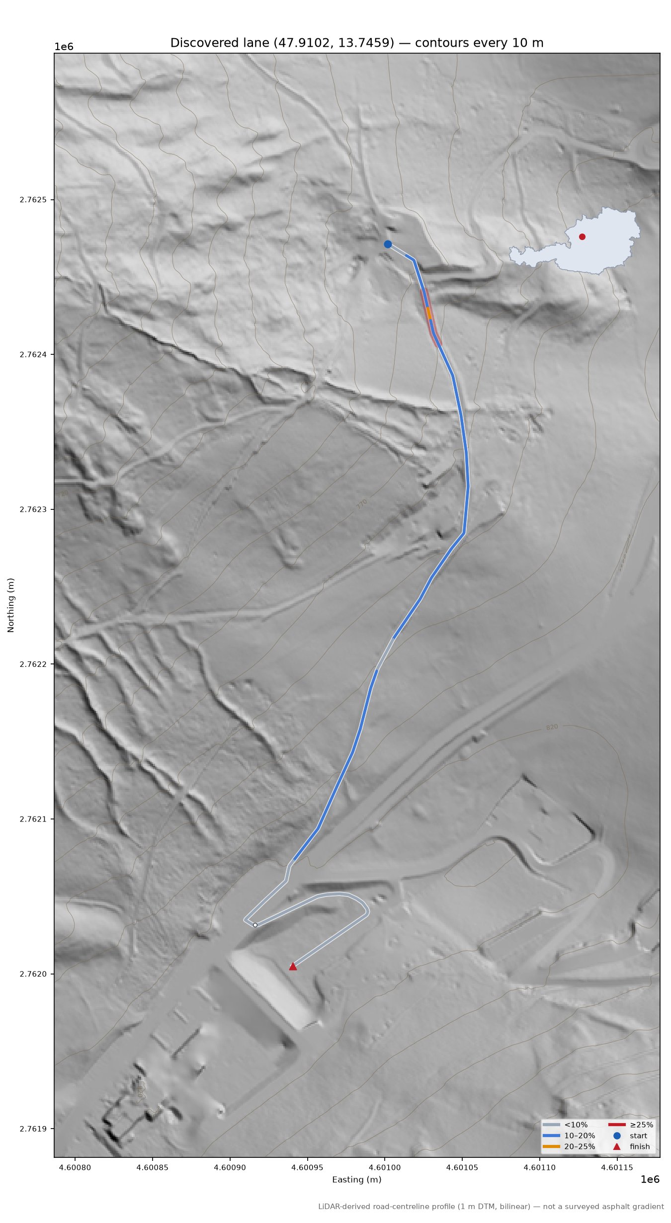 Discovered lane (47.9102, 13.7459) LiDAR hillshade map with contours