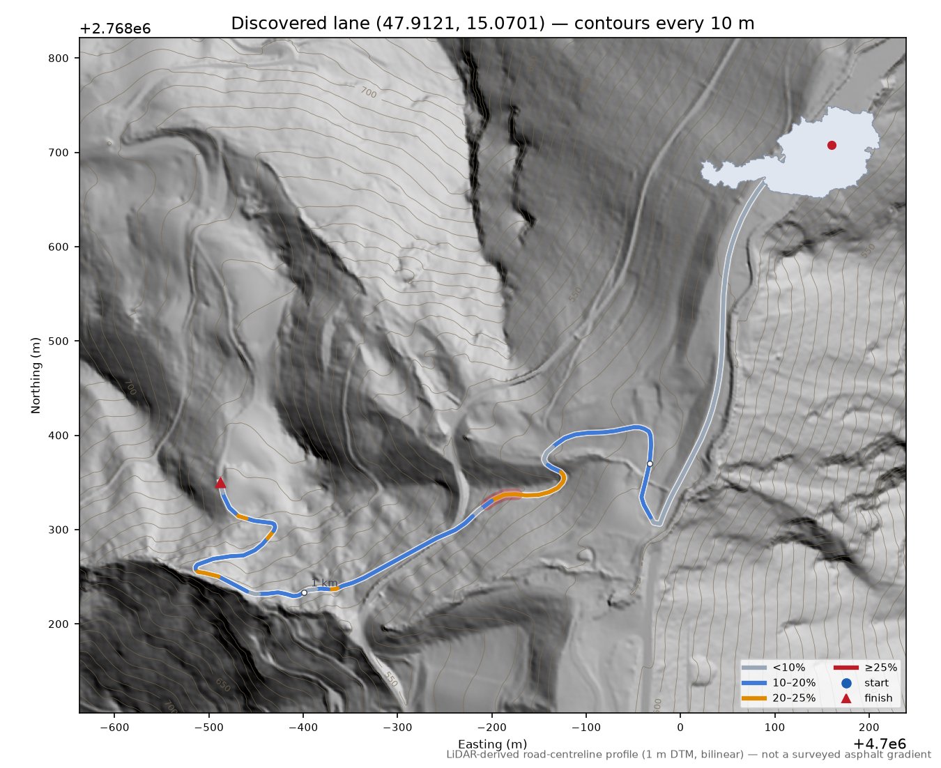 Discovered lane (47.9121, 15.0701) LiDAR hillshade map with contours