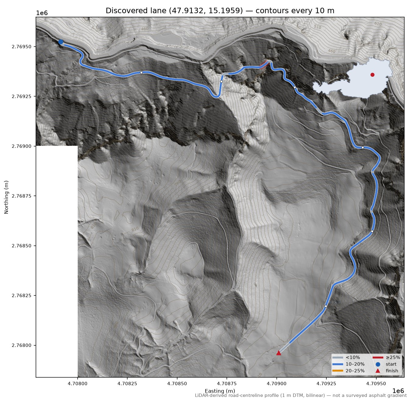 Discovered lane (47.9132, 15.1959) LiDAR hillshade map with contours
