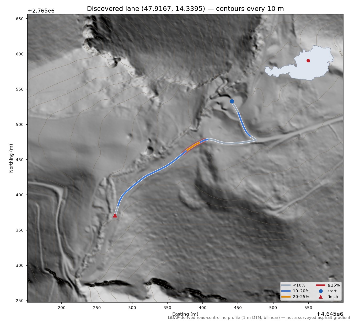 Discovered lane (47.9167, 14.3395) LiDAR hillshade map with contours