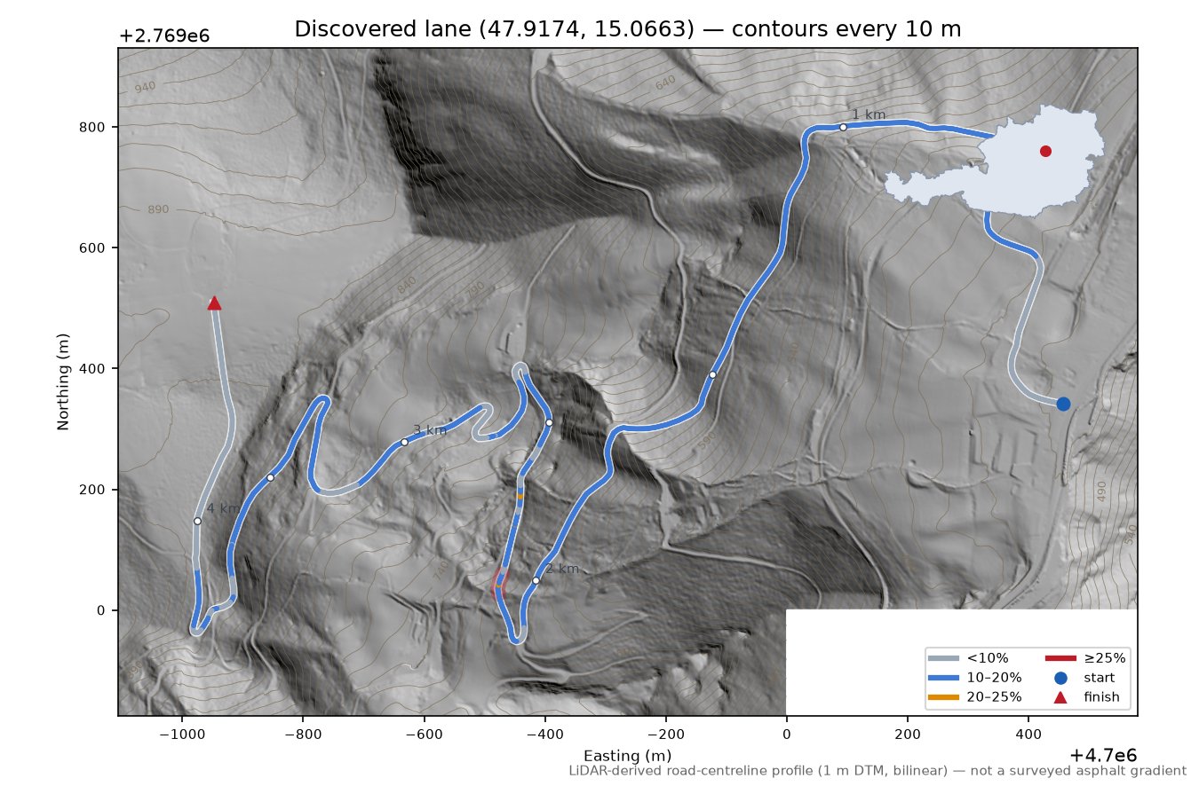 Discovered lane (47.9174, 15.0663) LiDAR hillshade map with contours