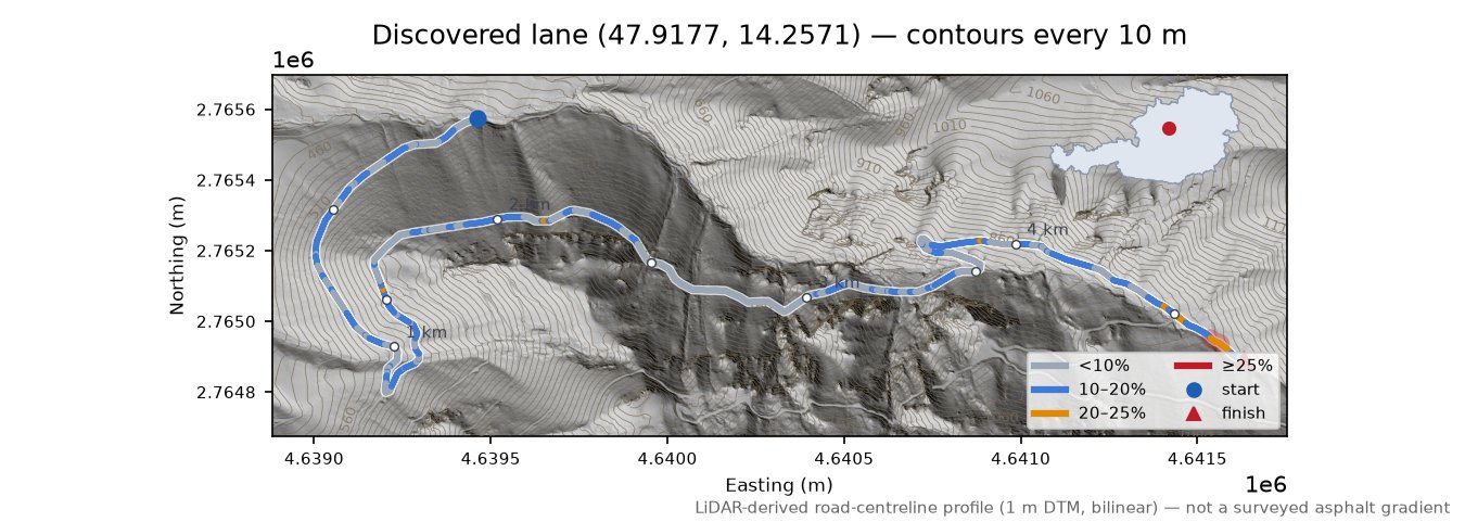 Discovered lane (47.9177, 14.2571) LiDAR hillshade map with contours
