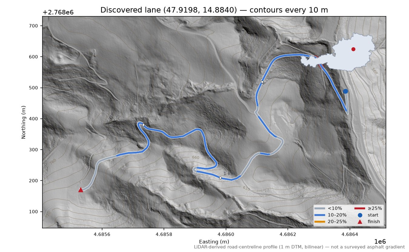 Discovered lane (47.9198, 14.8840) LiDAR hillshade map with contours