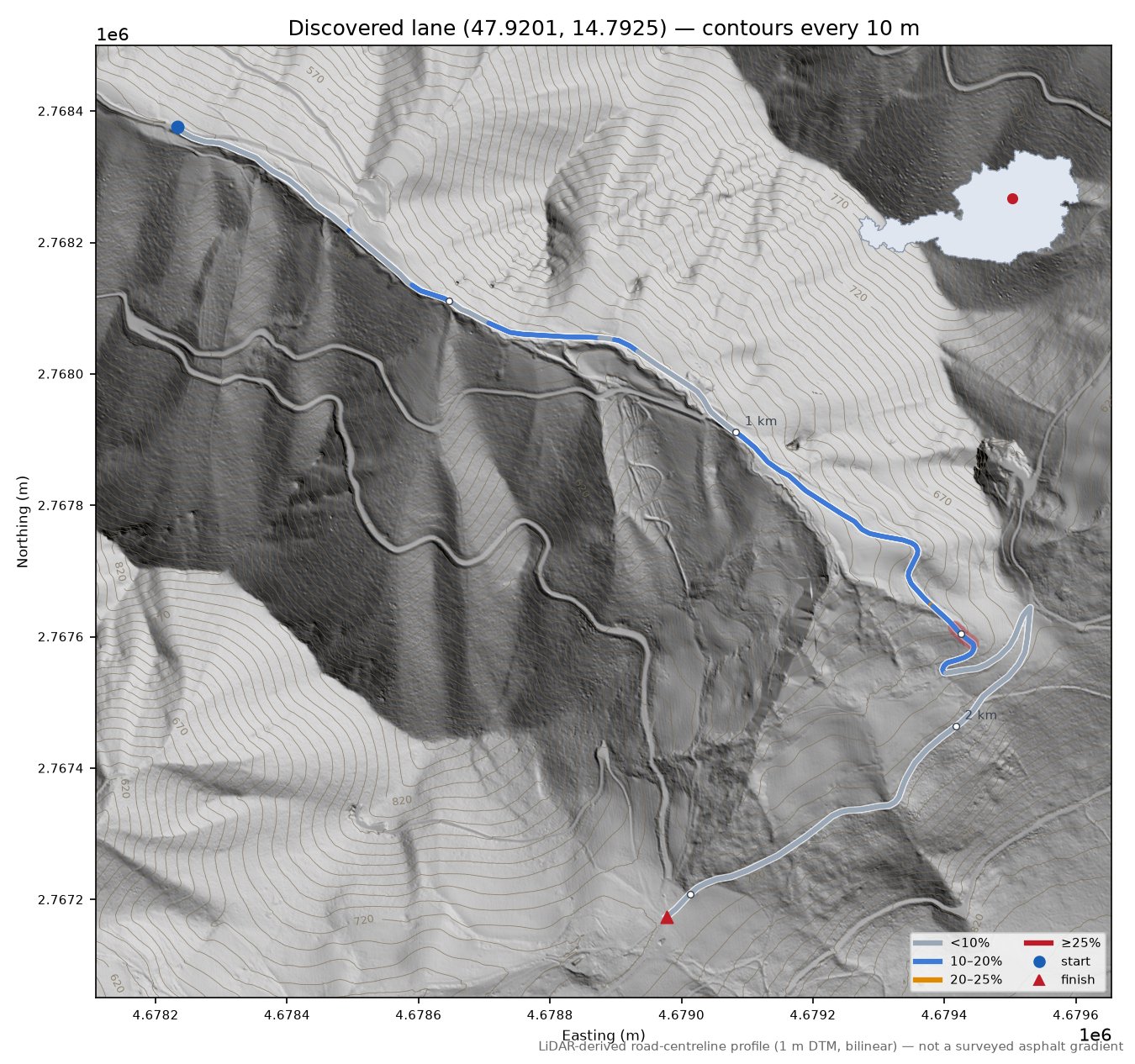 Discovered lane (47.9201, 14.7925) LiDAR hillshade map with contours
