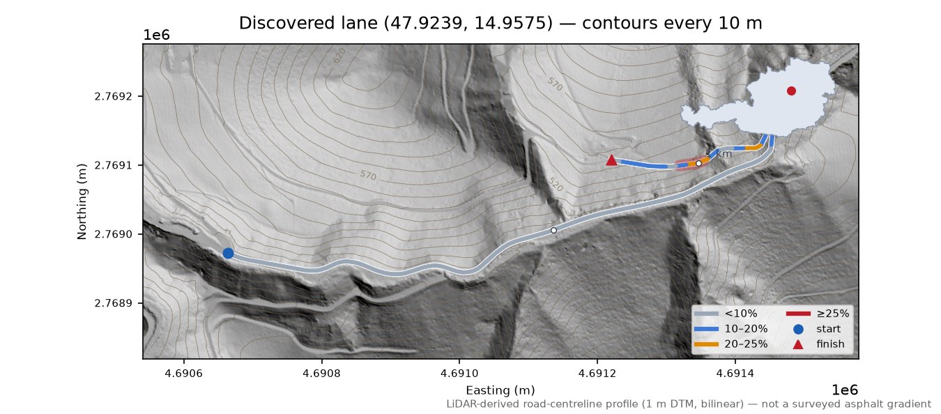 Discovered lane (47.9239, 14.9575) LiDAR hillshade map with contours