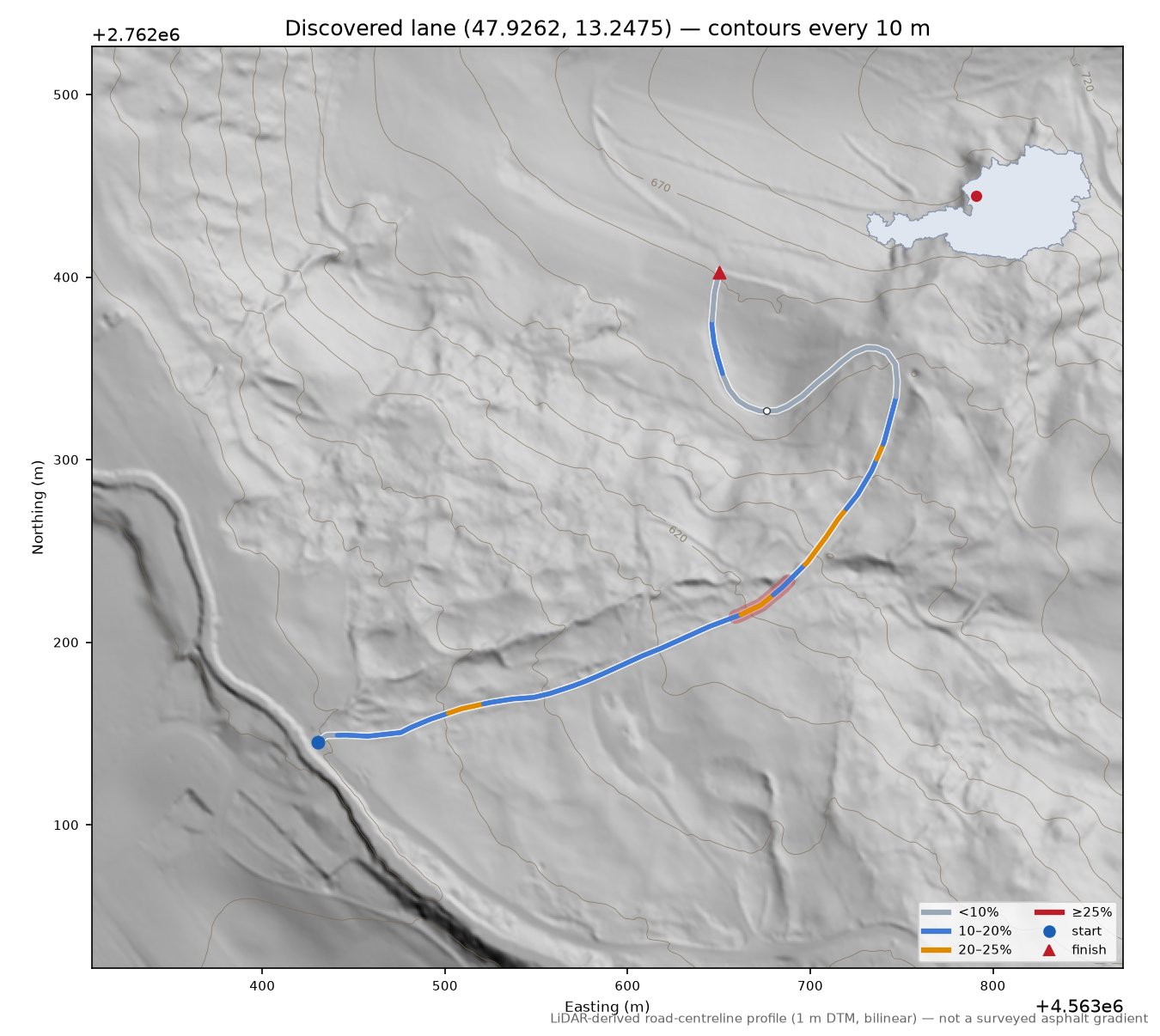 Discovered lane (47.9262, 13.2475) LiDAR hillshade map with contours