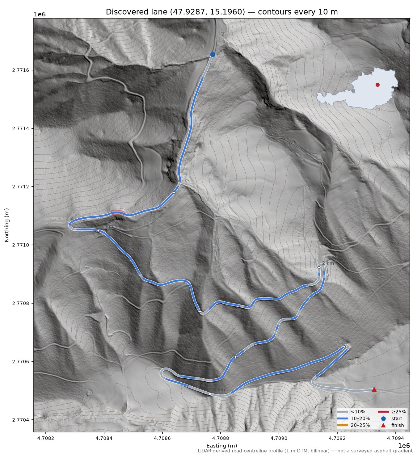 Discovered lane (47.9287, 15.1960) LiDAR hillshade map with contours