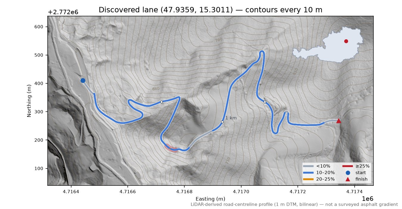 Discovered lane (47.9359, 15.3011) LiDAR hillshade map with contours