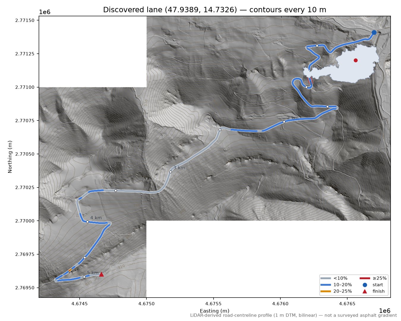 Discovered lane (47.9389, 14.7326) LiDAR hillshade map with contours