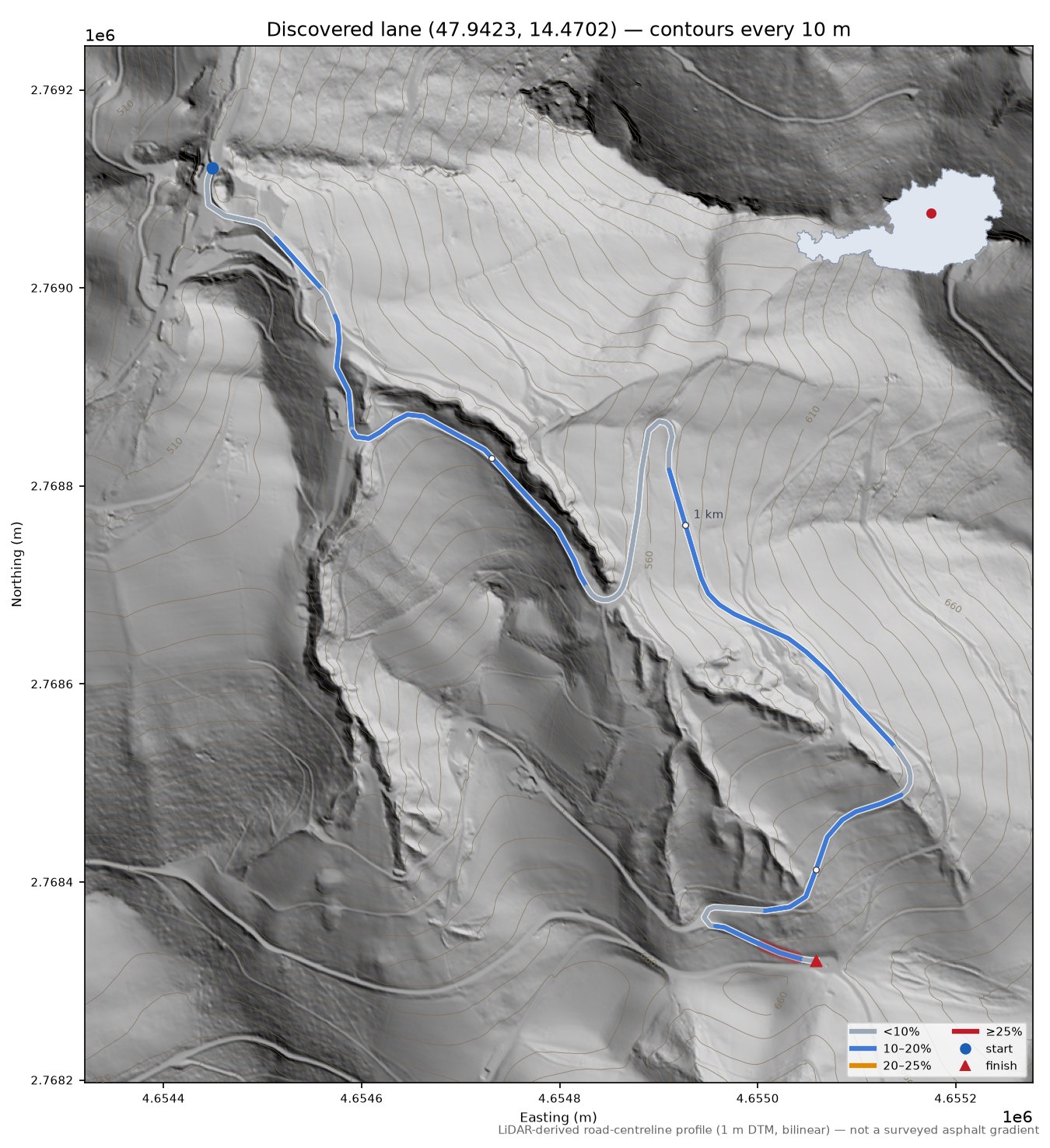 Discovered lane (47.9423, 14.4702) LiDAR hillshade map with contours