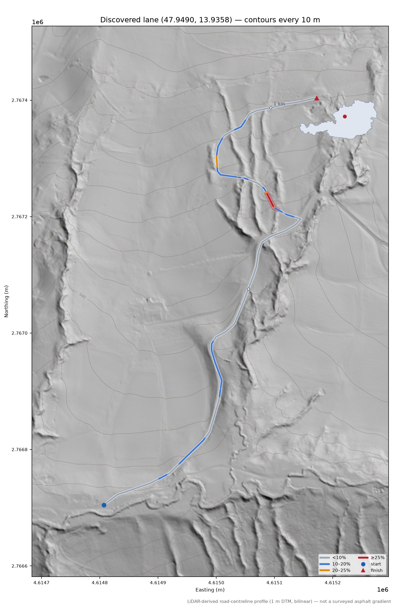 Discovered lane (47.9490, 13.9358) LiDAR hillshade map with contours