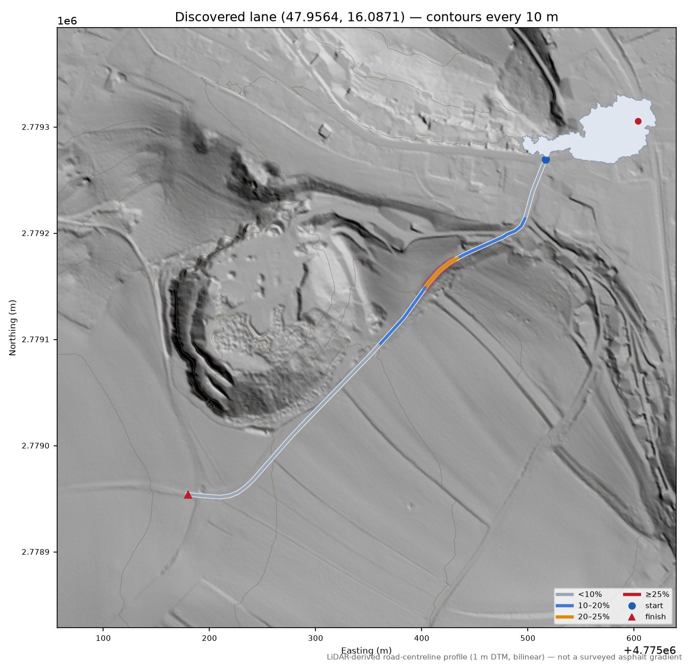 Discovered lane (47.9564, 16.0871) LiDAR hillshade map with contours