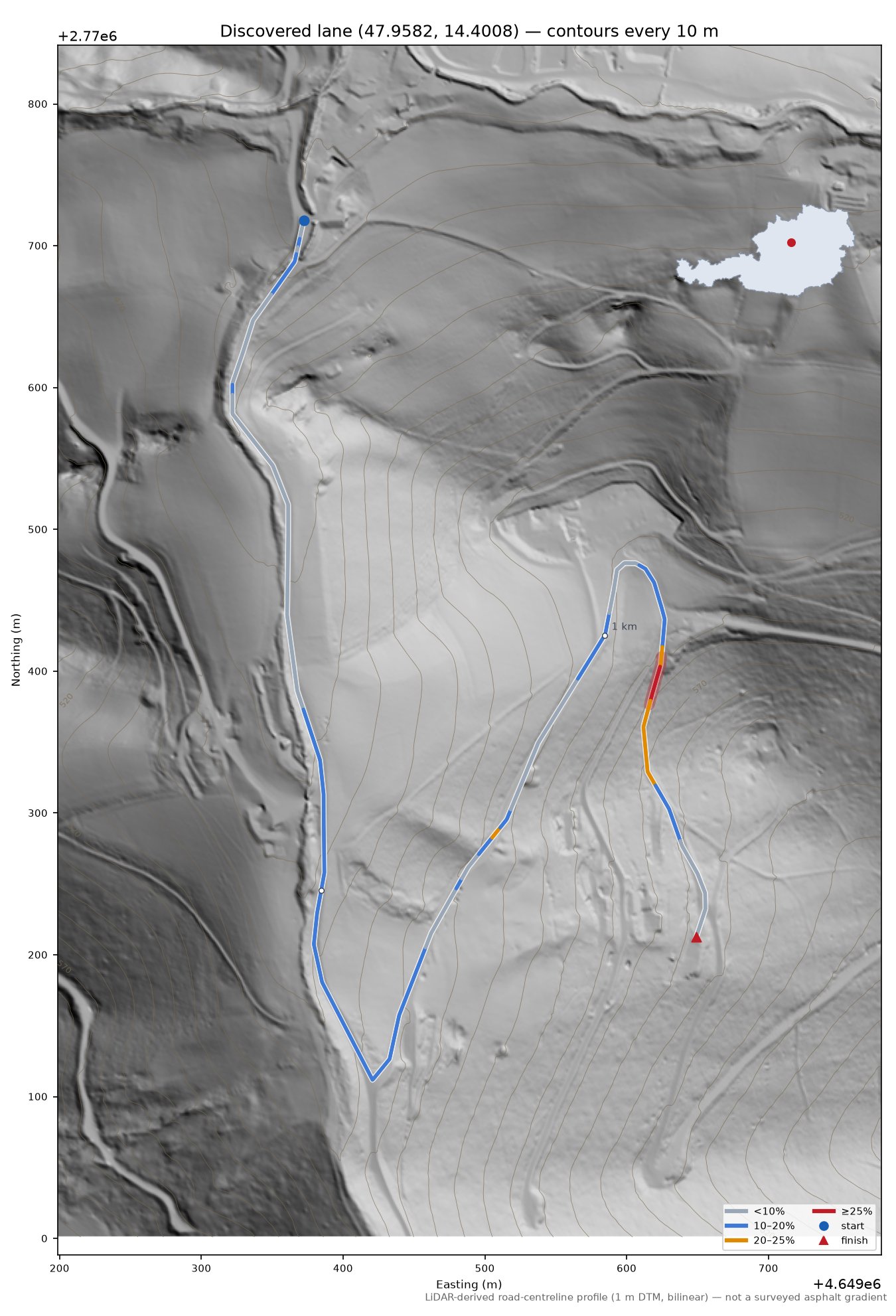 Discovered lane (47.9582, 14.4008) LiDAR hillshade map with contours