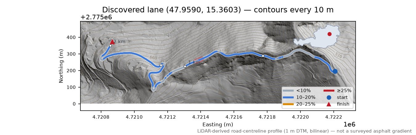 Discovered lane (47.9590, 15.3603) LiDAR hillshade map with contours