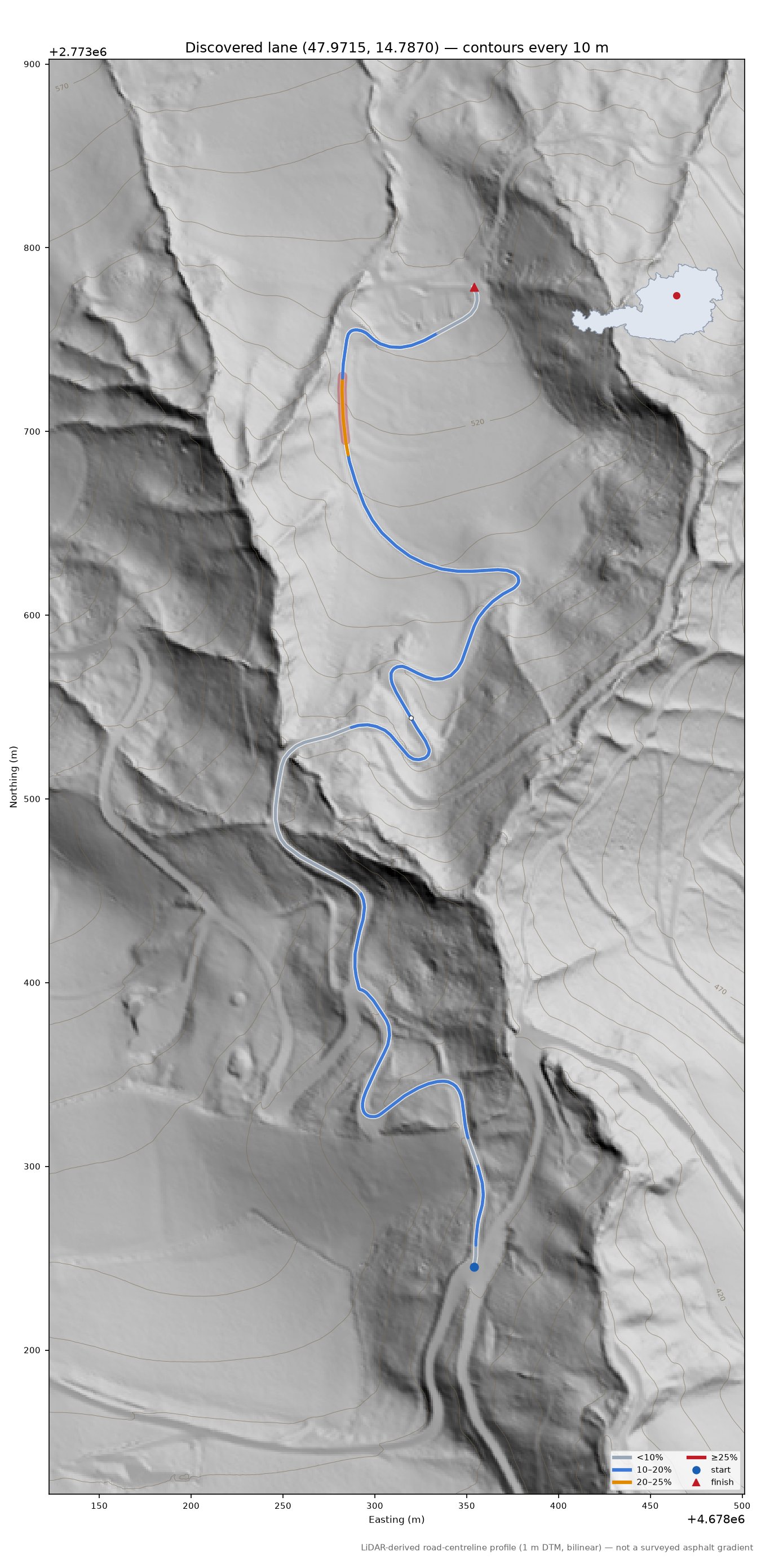 Discovered lane (47.9715, 14.7870) LiDAR hillshade map with contours