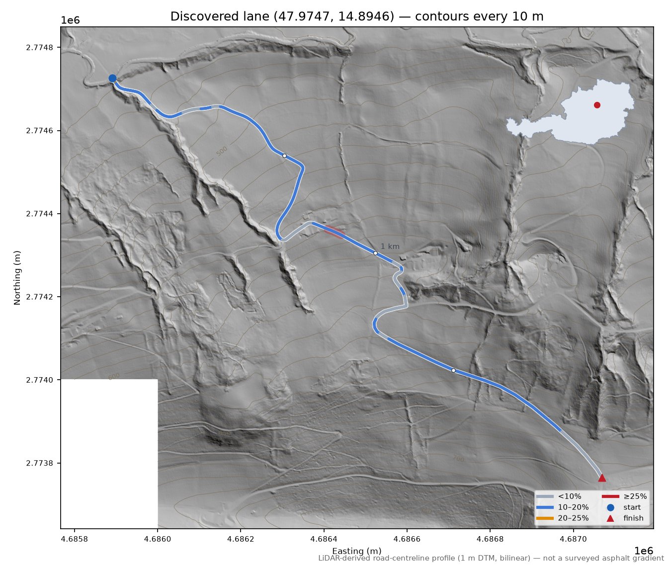 Discovered lane (47.9747, 14.8946) LiDAR hillshade map with contours