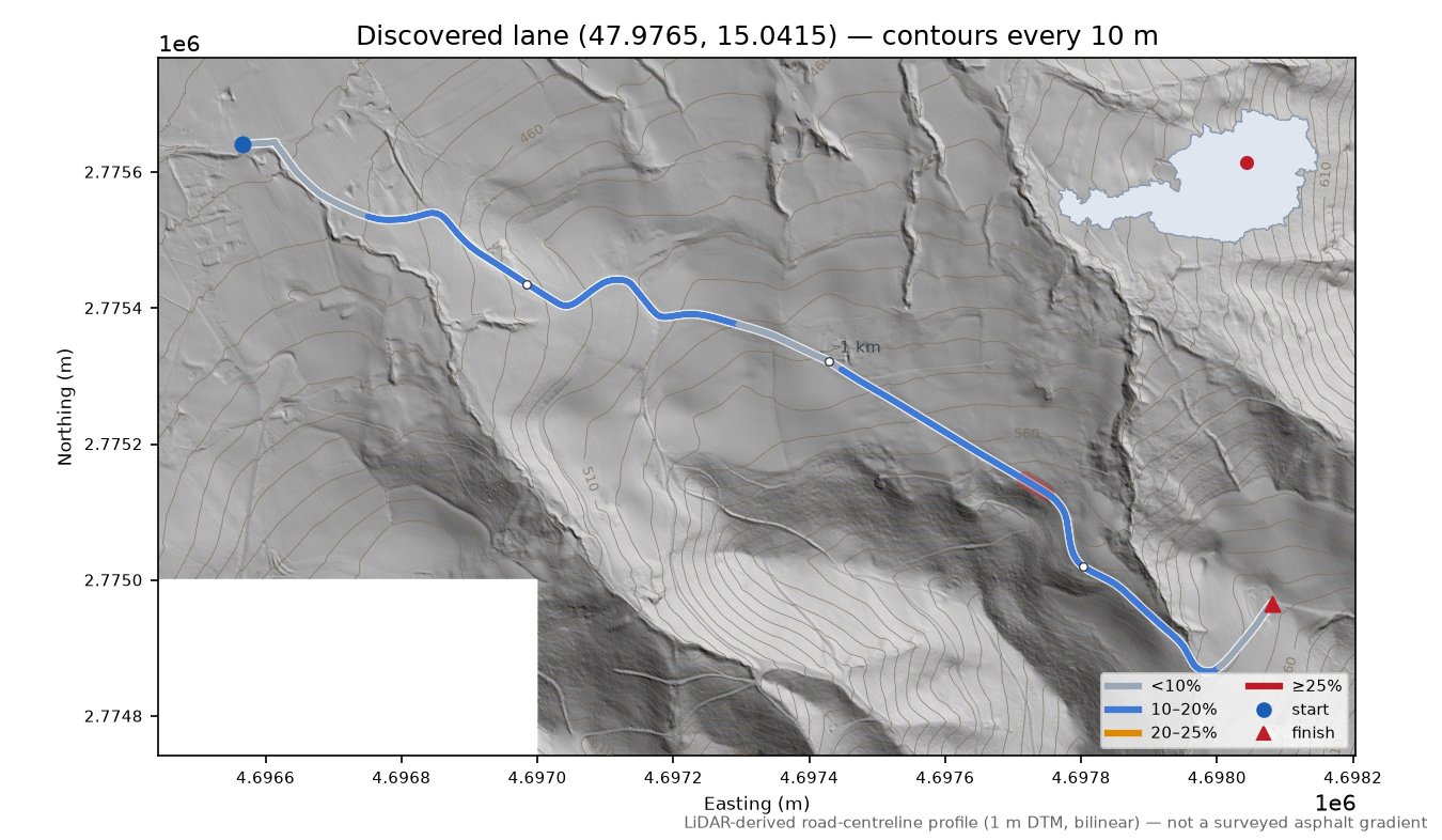 Discovered lane (47.9765, 15.0415) LiDAR hillshade map with contours