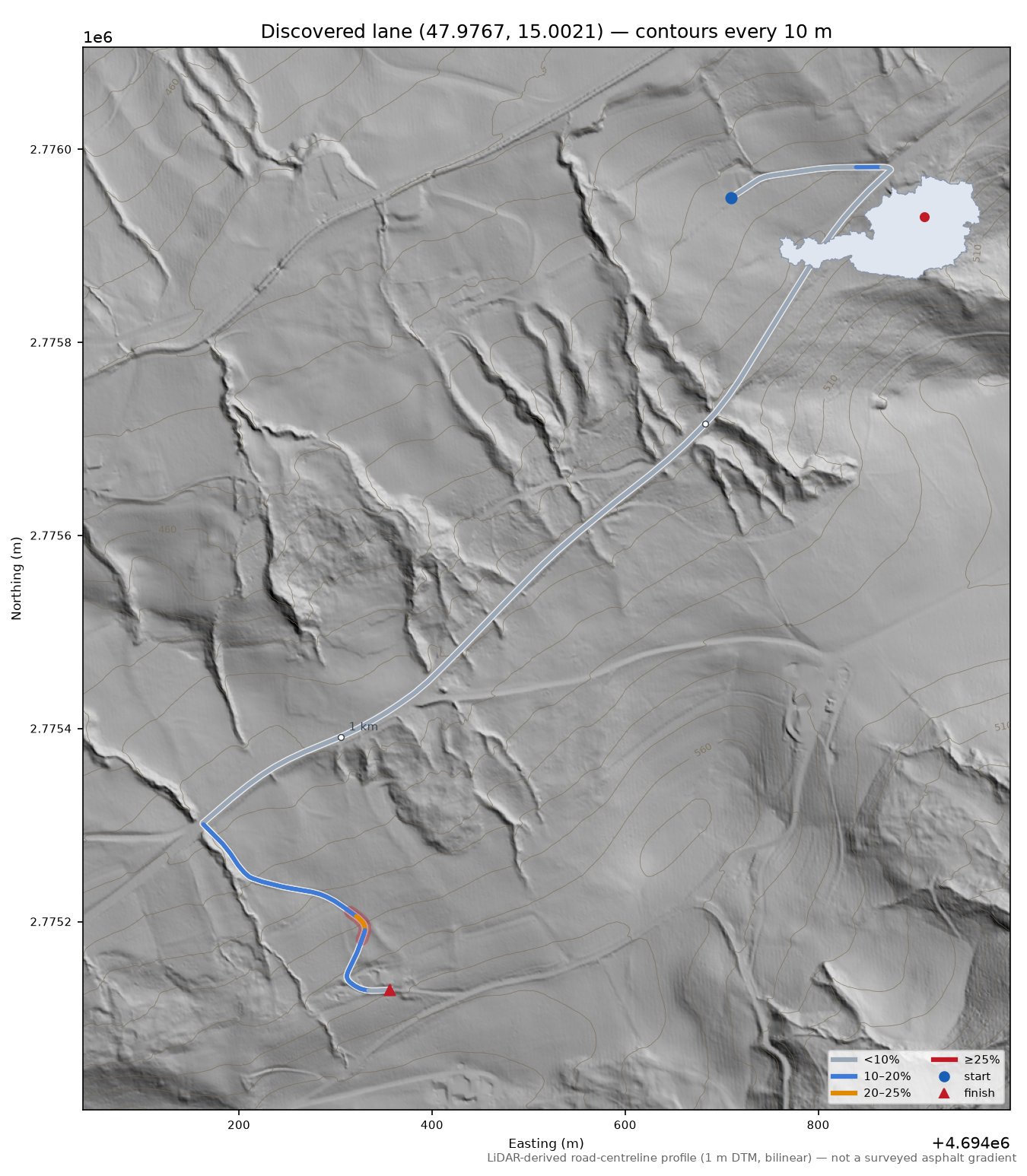 Discovered lane (47.9767, 15.0021) LiDAR hillshade map with contours