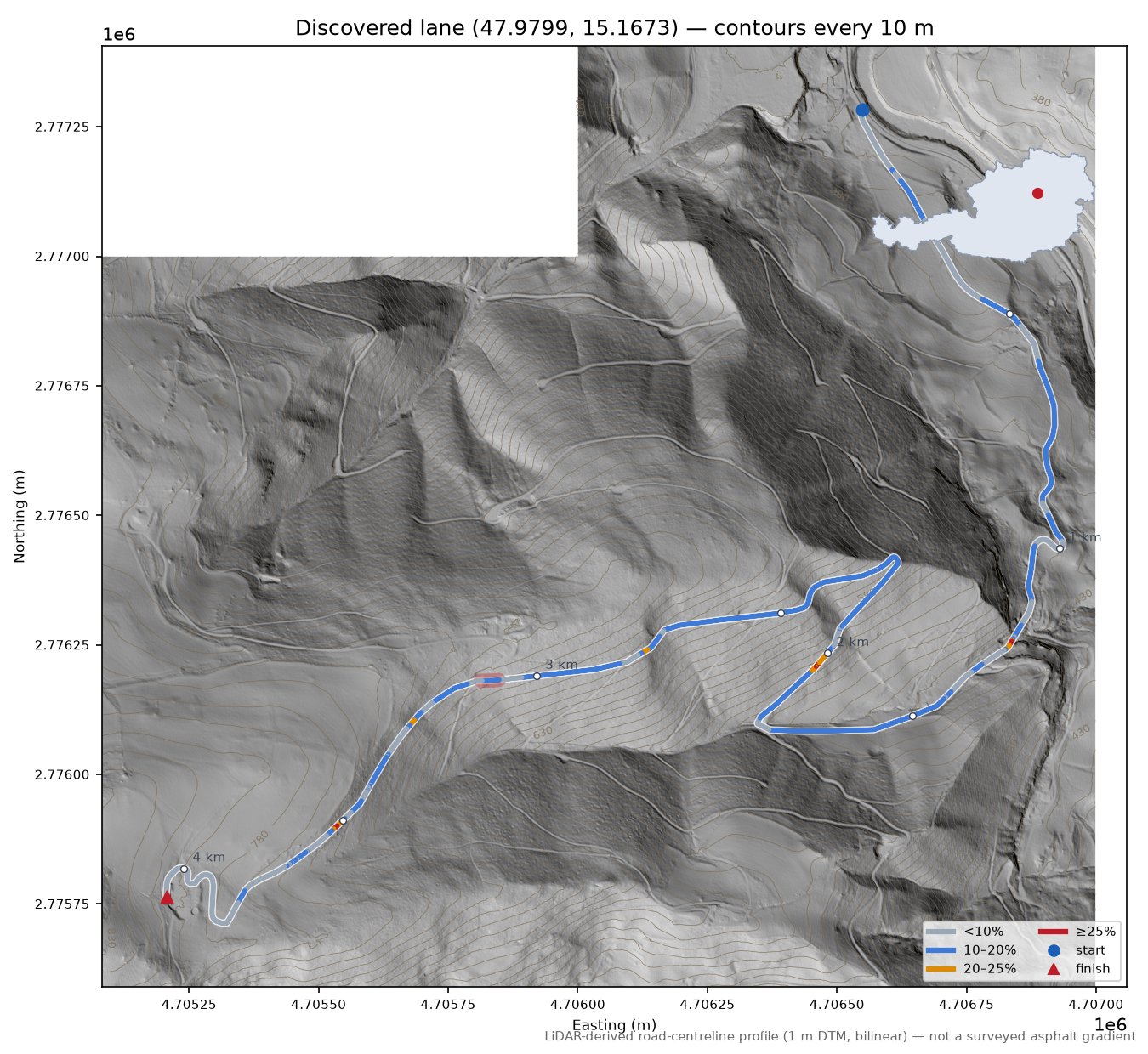 Discovered lane (47.9799, 15.1673) LiDAR hillshade map with contours