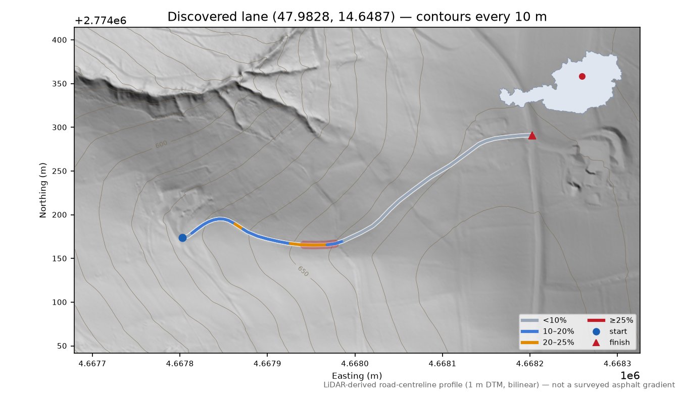 Discovered lane (47.9828, 14.6487) LiDAR hillshade map with contours