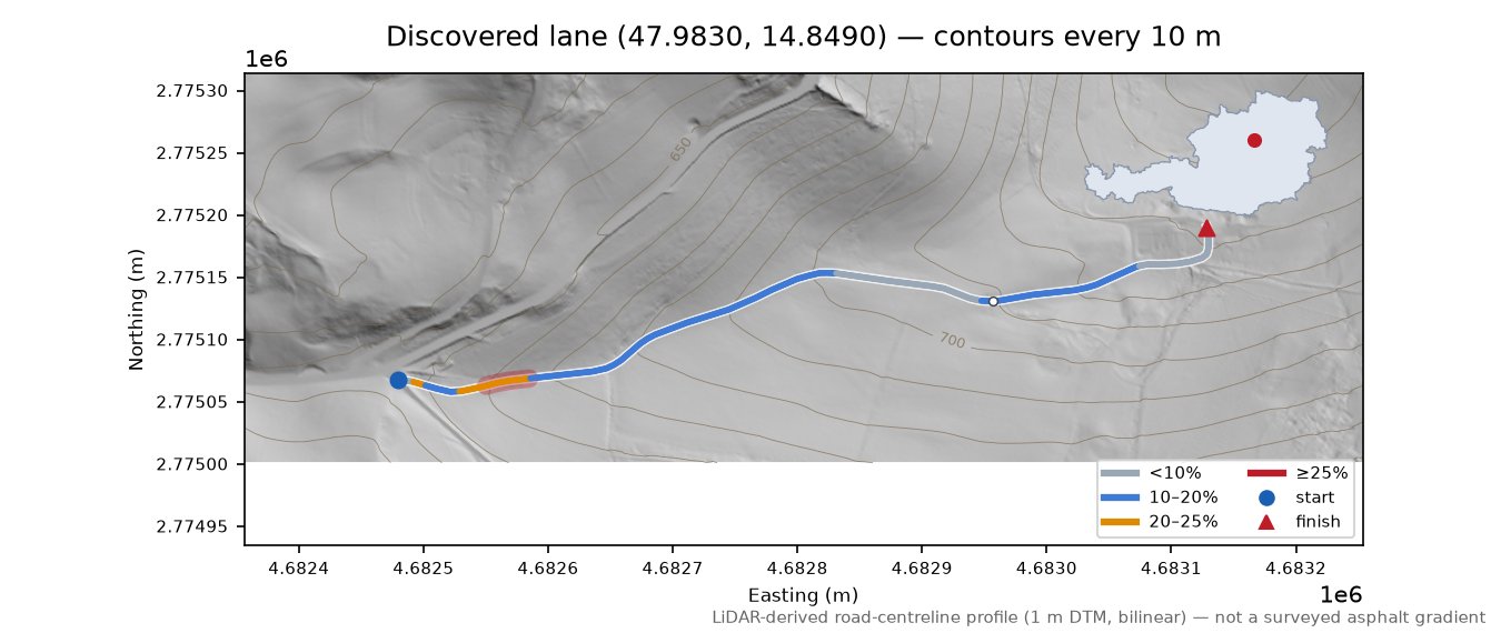 Discovered lane (47.9830, 14.8490) LiDAR hillshade map with contours