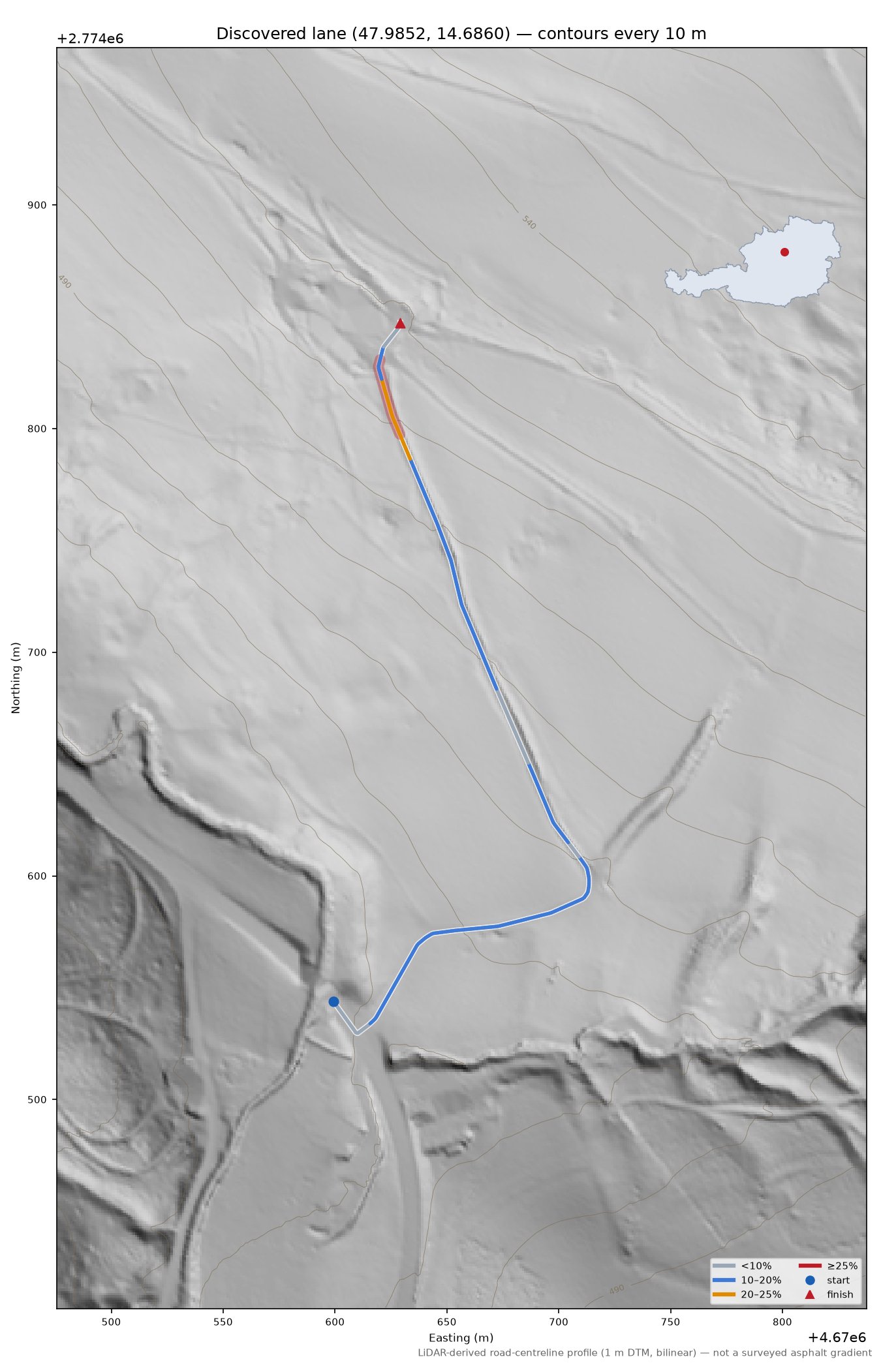 Discovered lane (47.9852, 14.6860) LiDAR hillshade map with contours