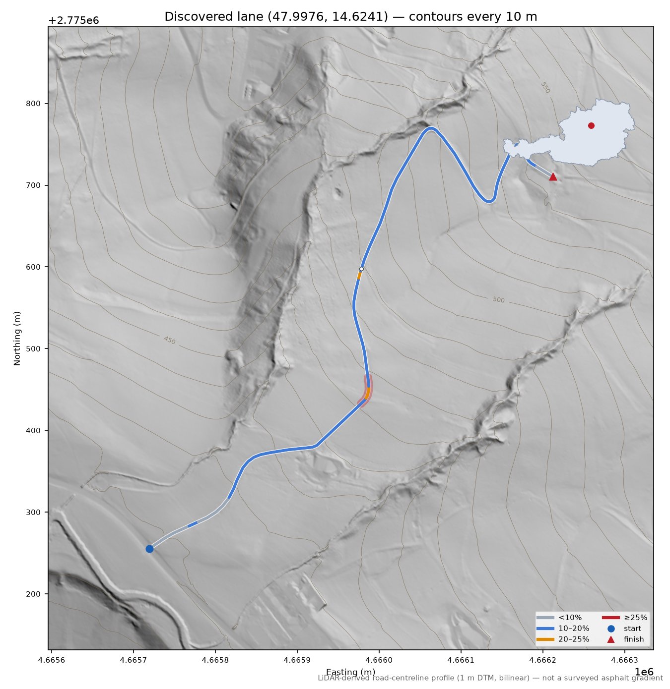 Discovered lane (47.9976, 14.6241) LiDAR hillshade map with contours