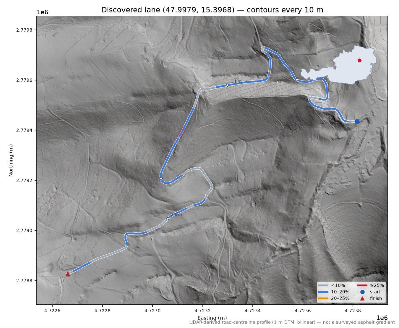 Discovered lane (47.9979, 15.3968) LiDAR hillshade map with contours