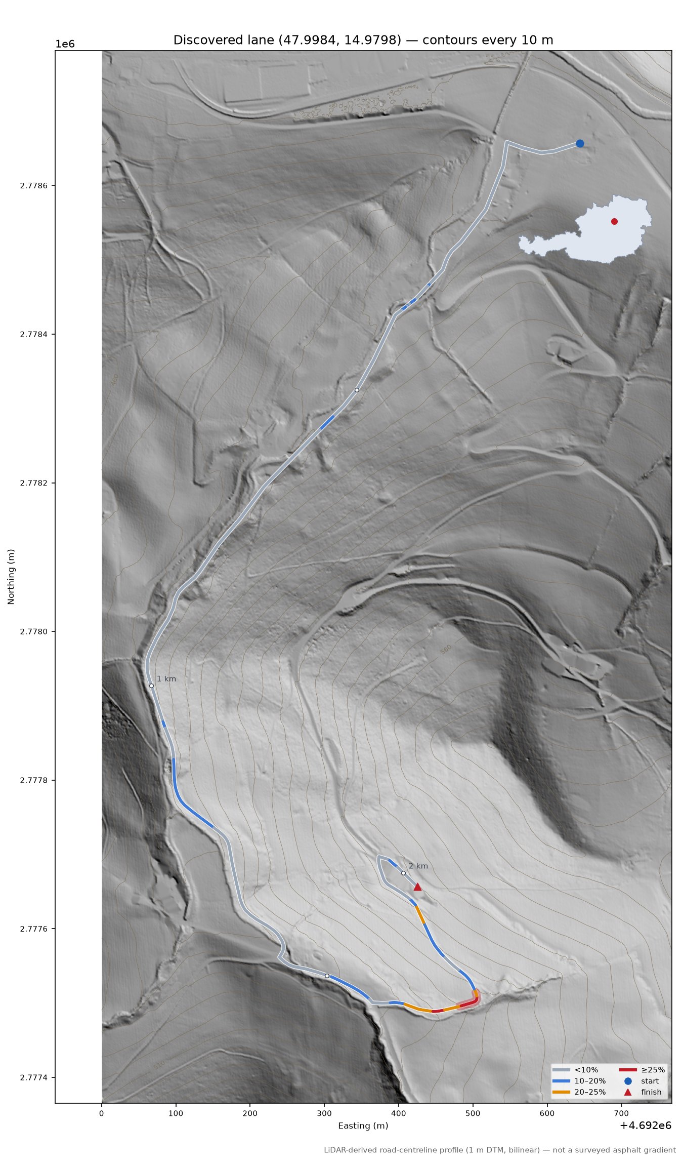 Discovered lane (47.9984, 14.9798) LiDAR hillshade map with contours