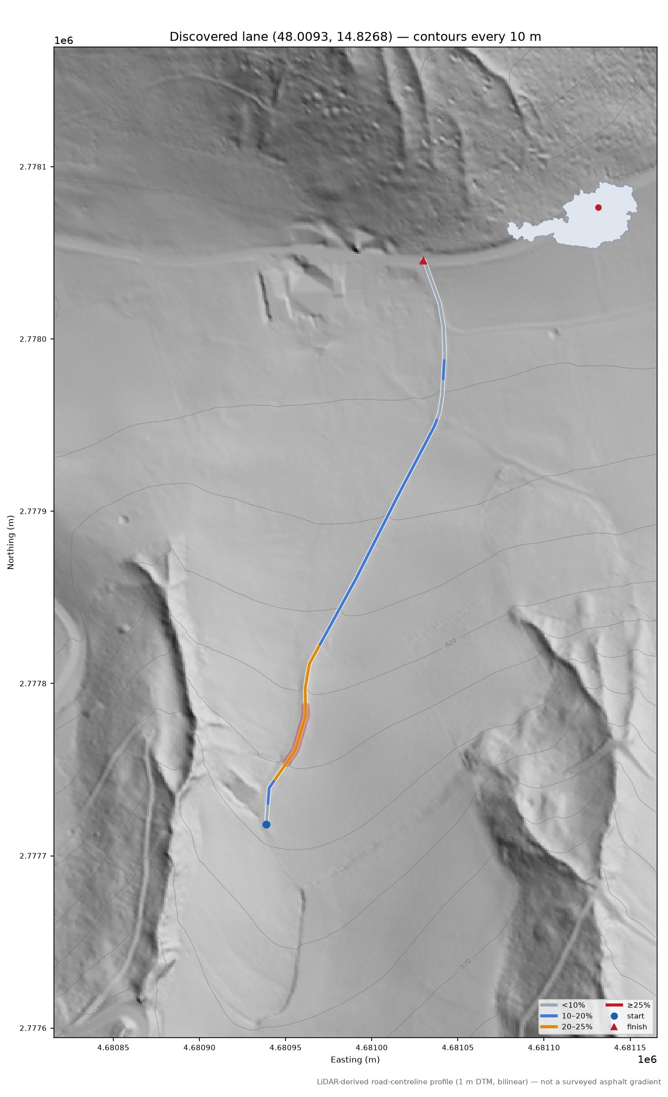 Discovered lane (48.0093, 14.8268) LiDAR hillshade map with contours