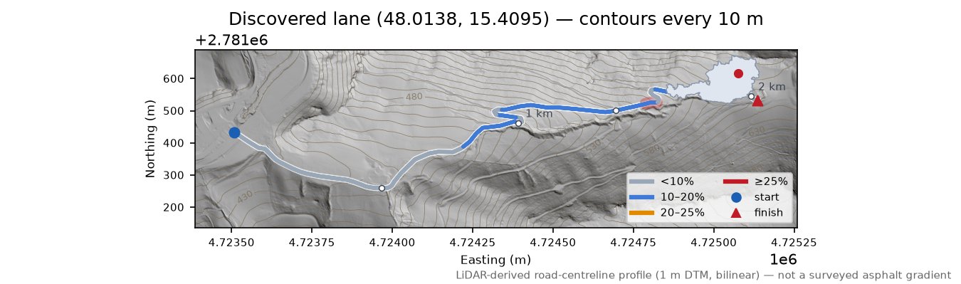 Discovered lane (48.0138, 15.4095) LiDAR hillshade map with contours