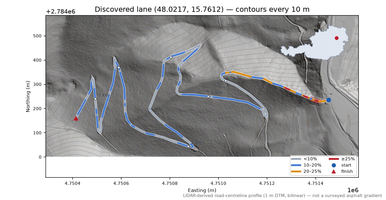 Discovered lane (48.0217, 15.7612) LiDAR hillshade map with contours