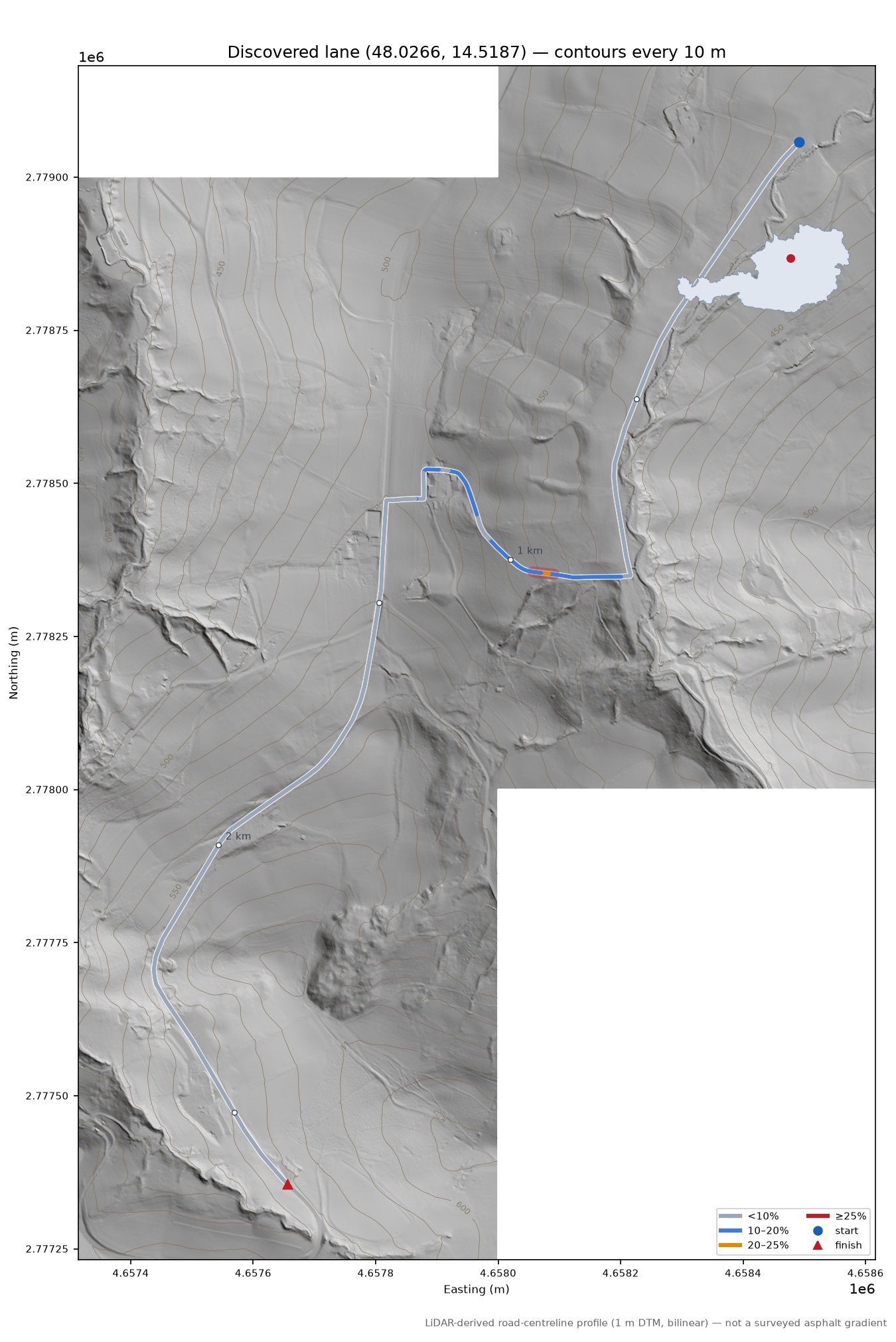 Discovered lane (48.0266, 14.5187) LiDAR hillshade map with contours