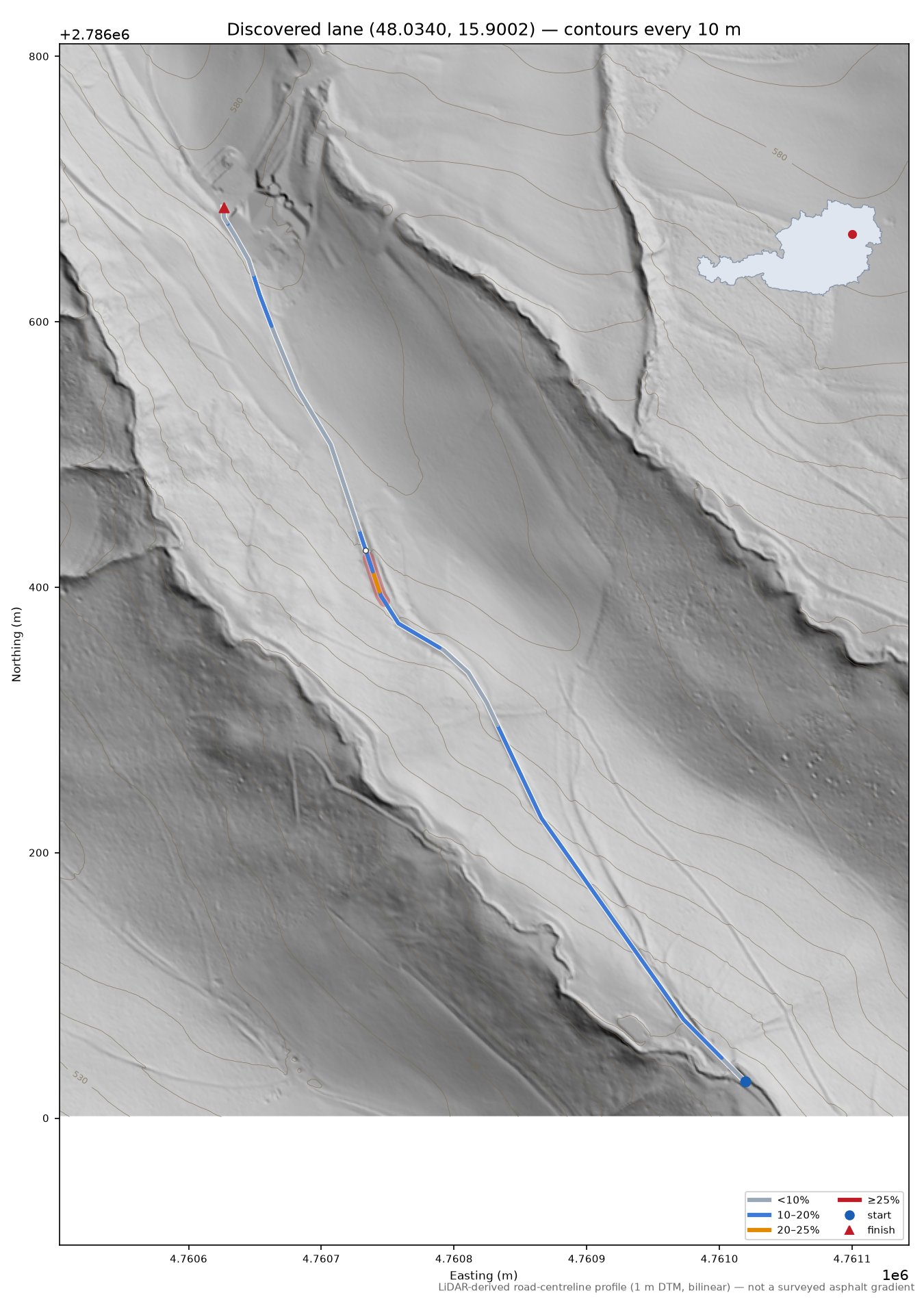 Discovered lane (48.0340, 15.9002) LiDAR hillshade map with contours