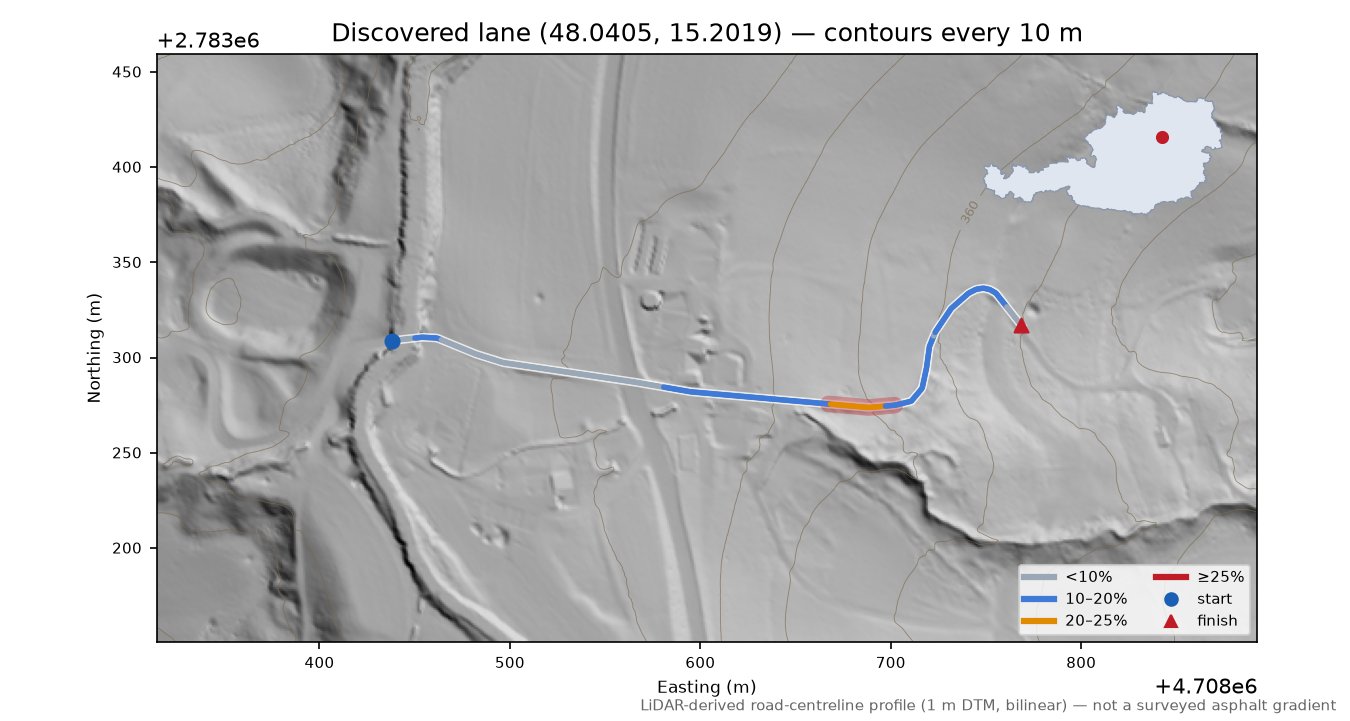 Discovered lane (48.0405, 15.2019) LiDAR hillshade map with contours