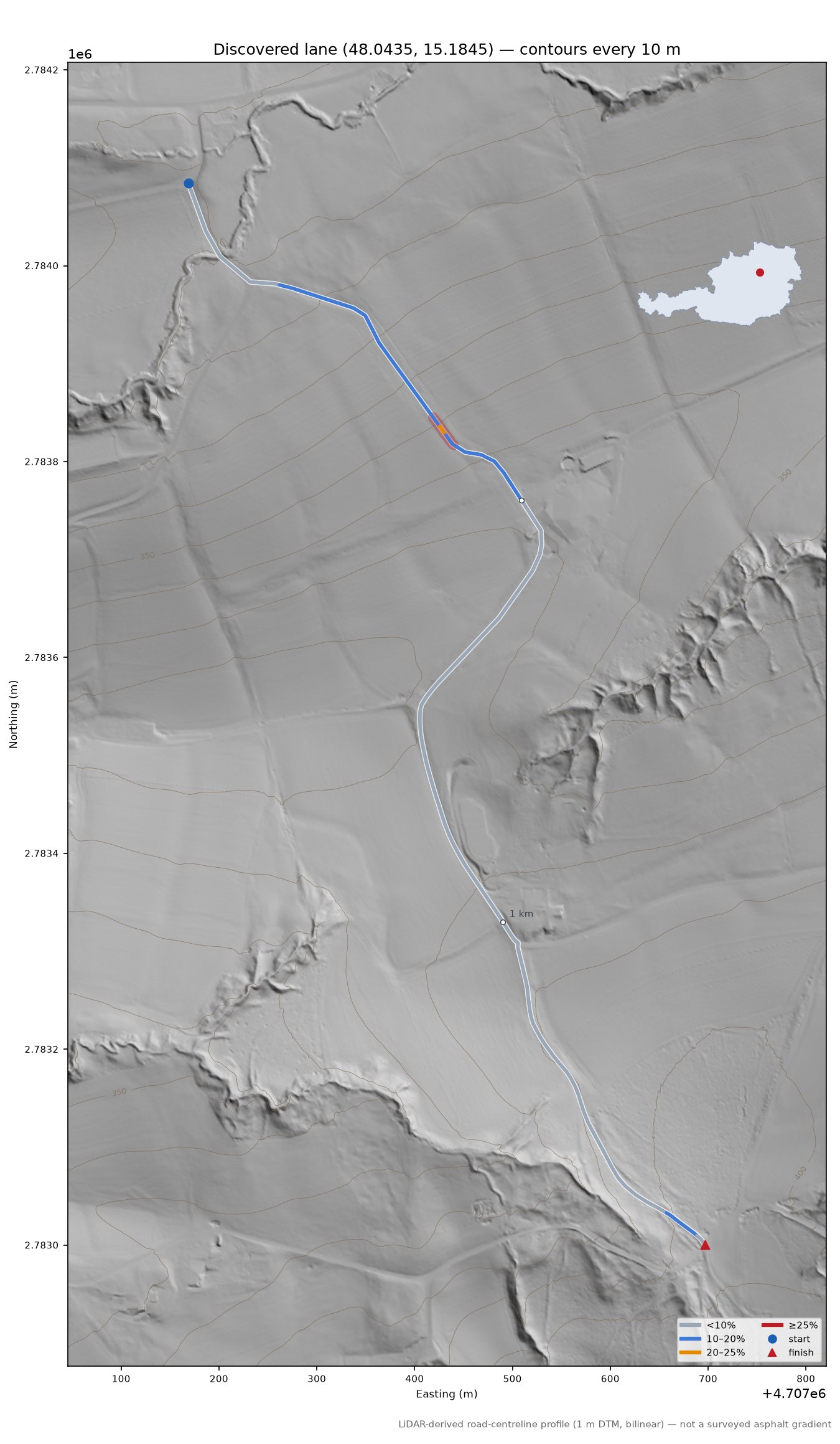 Discovered lane (48.0435, 15.1845) LiDAR hillshade map with contours