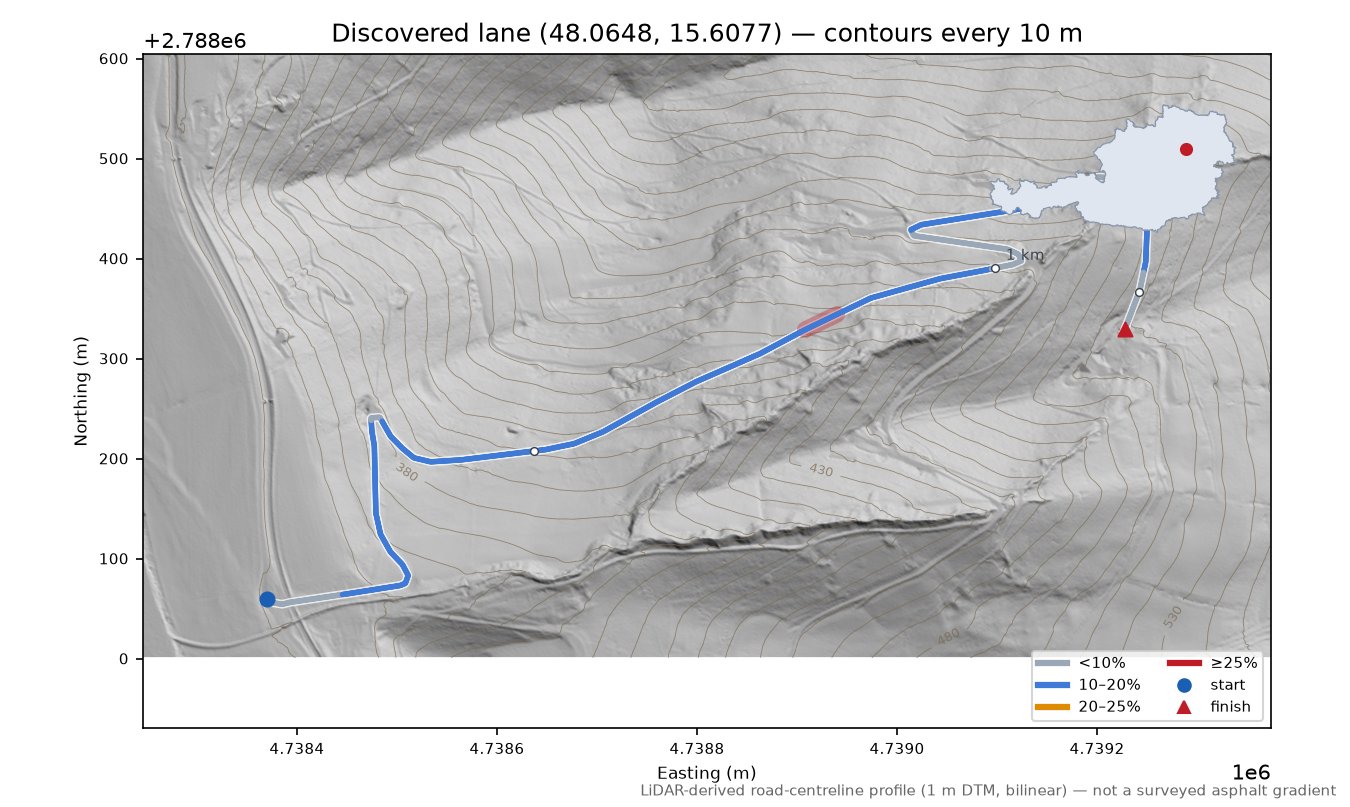 Discovered lane (48.0648, 15.6077) LiDAR hillshade map with contours