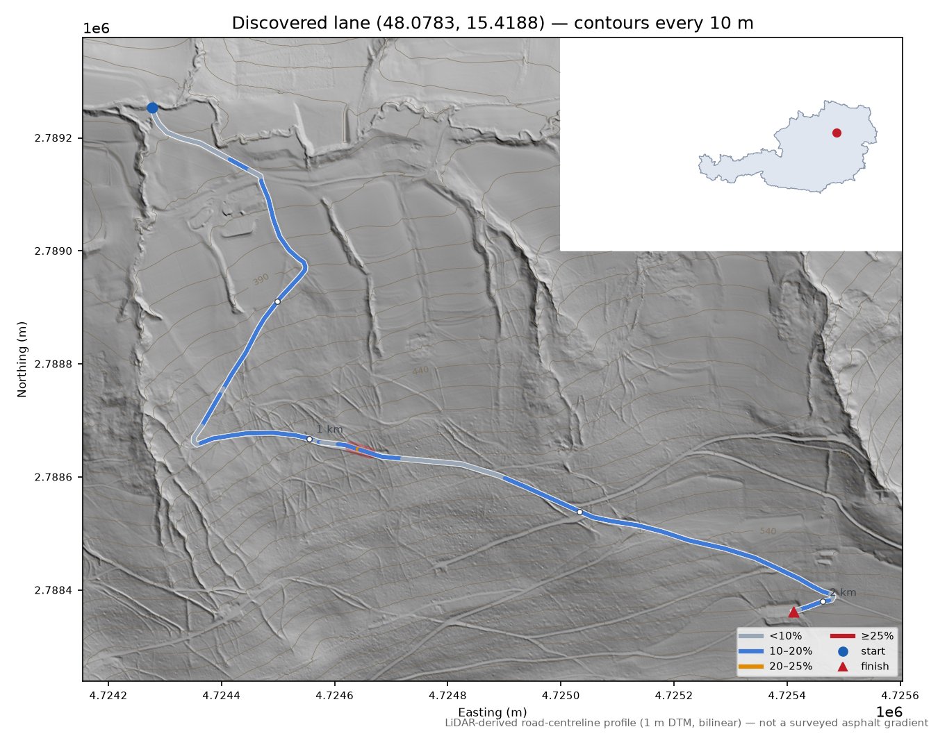 Discovered lane (48.0783, 15.4188) LiDAR hillshade map with contours
