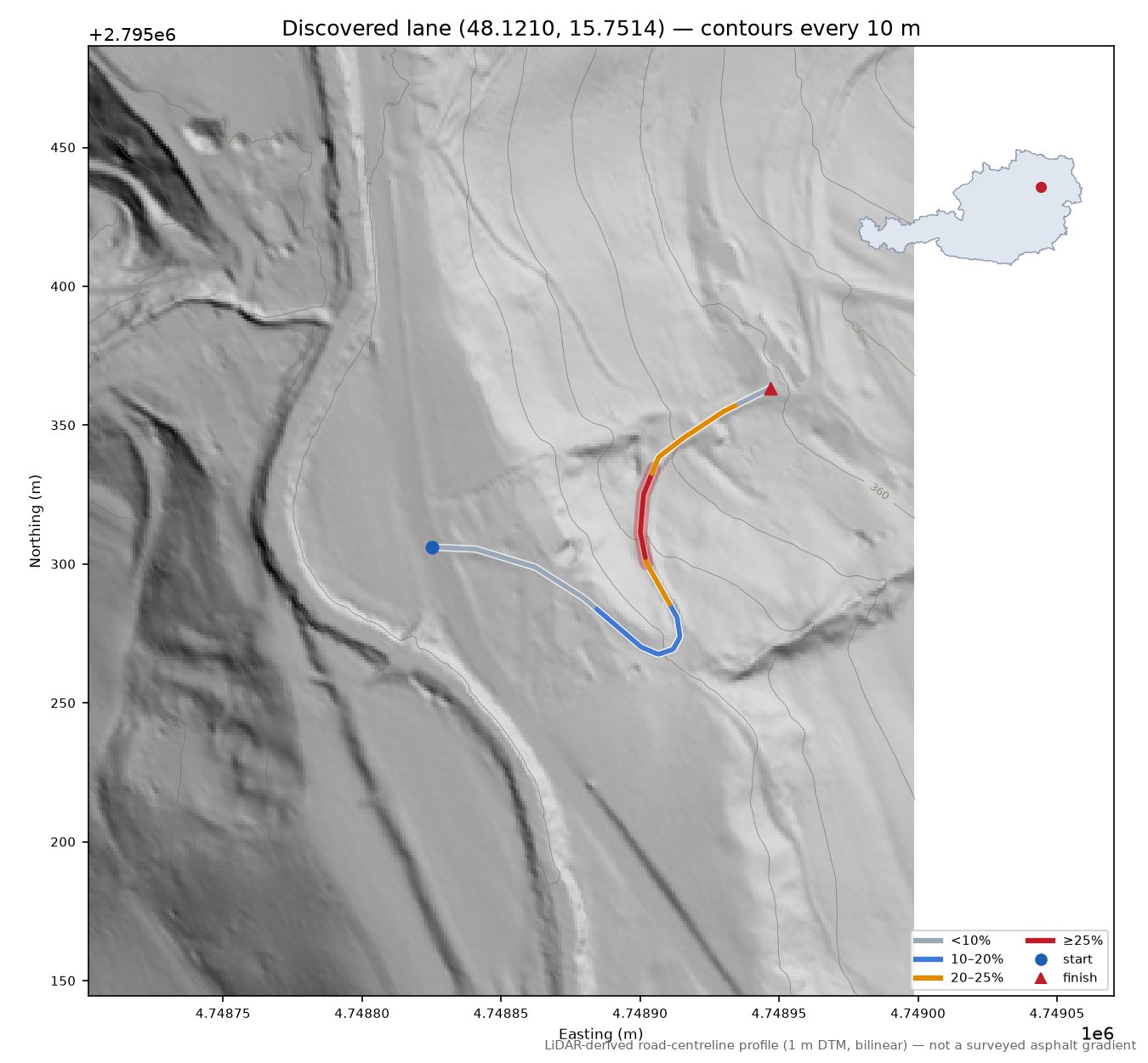 Discovered lane (48.1210, 15.7514) LiDAR hillshade map with contours