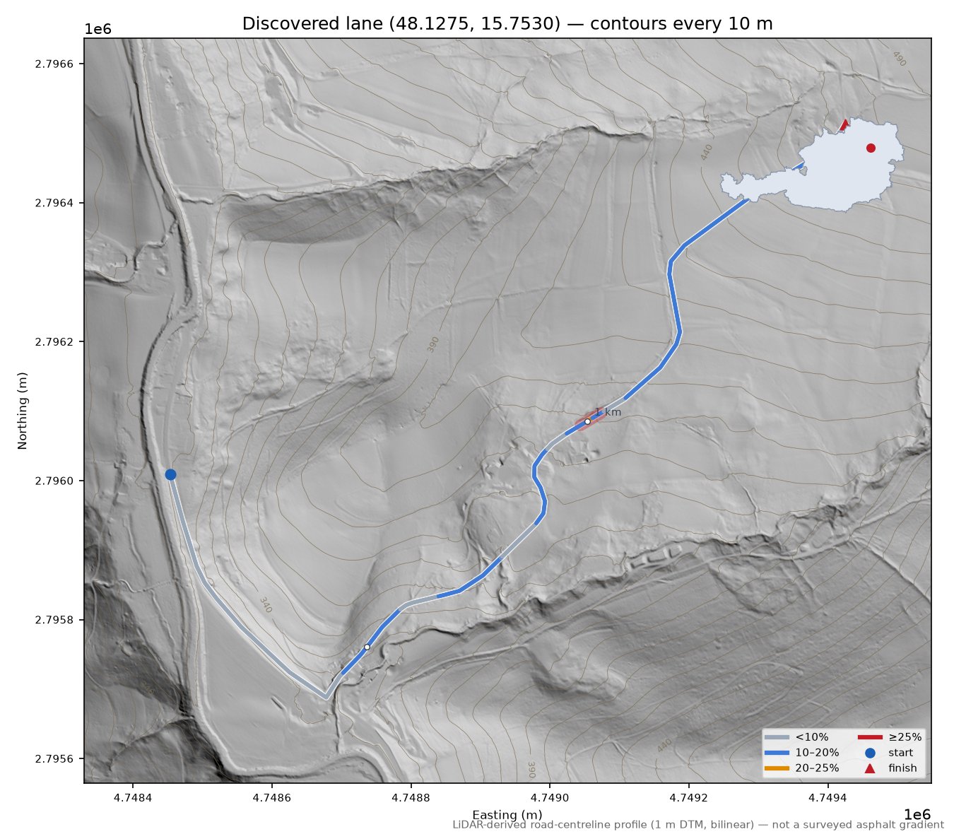 Discovered lane (48.1275, 15.7530) LiDAR hillshade map with contours
