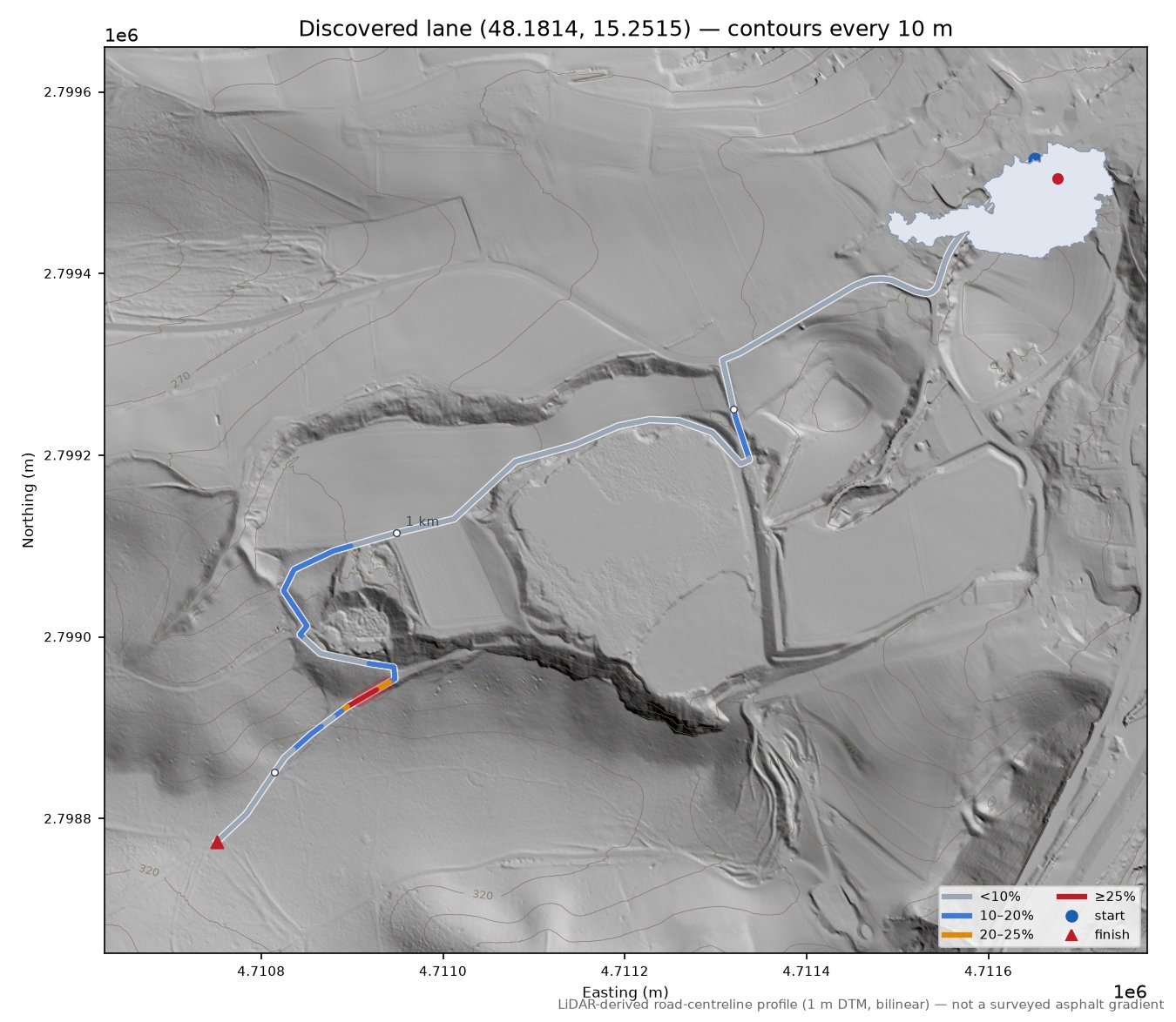 Discovered lane (48.1814, 15.2515) LiDAR hillshade map with contours
