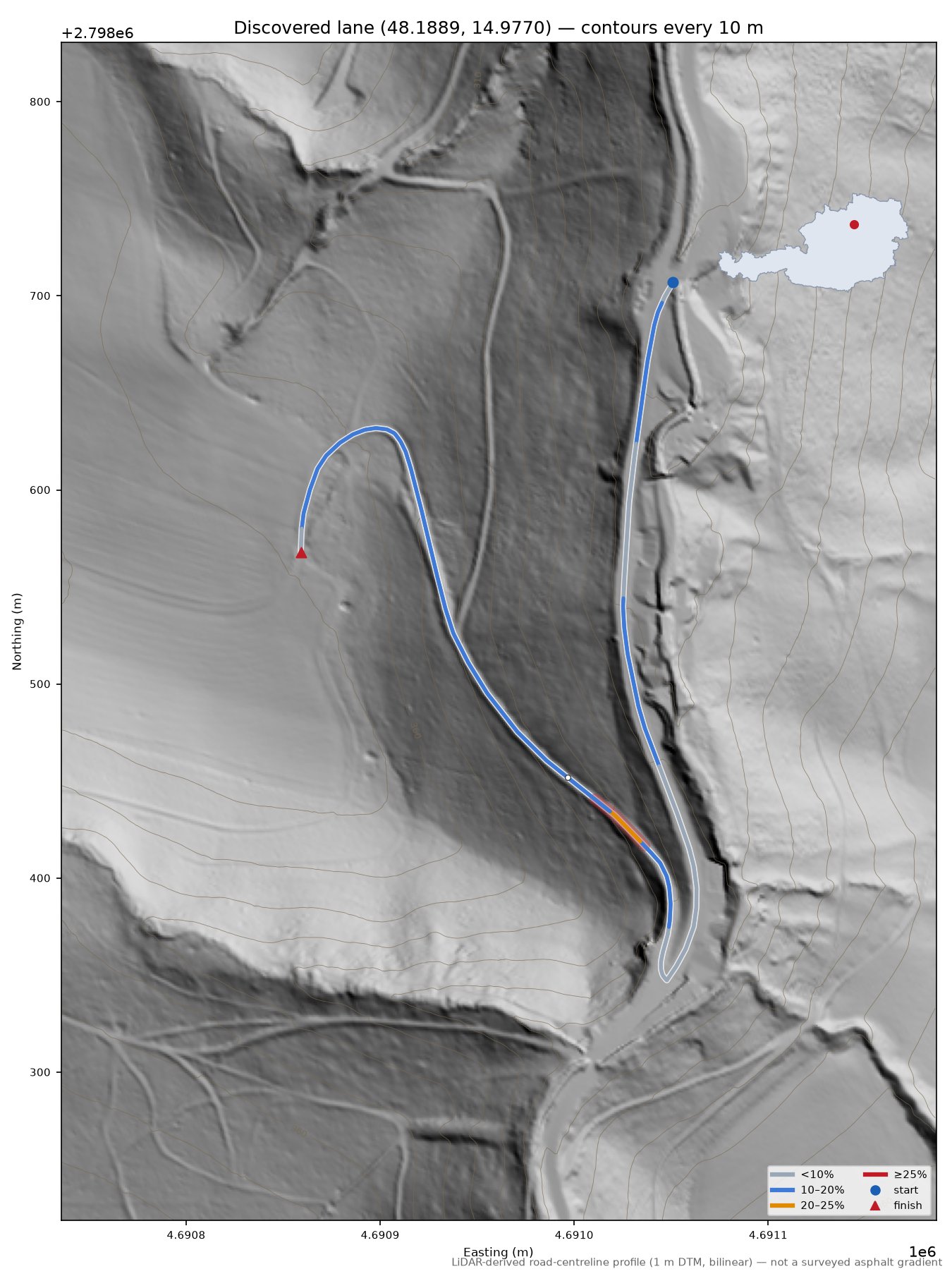 Discovered lane (48.1889, 14.9770) LiDAR hillshade map with contours