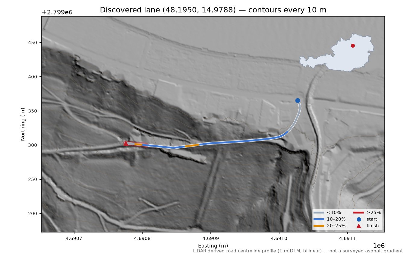 Discovered lane (48.1950, 14.9788) LiDAR hillshade map with contours